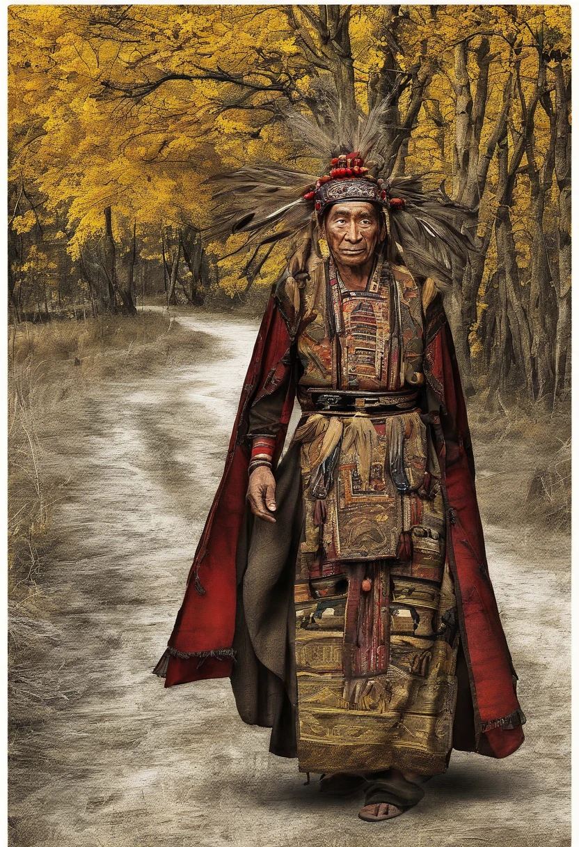 golden autumn，A 45-year-old middle-aged Chinese man，Great figure，Walk firmly on the mountain path，In the distance are high mountain peaks，Wearing gray sportswear，On both sides of the road are golden apple trees，Pretty ripe apples，hentail realism，k hd，high qulity，Sony SLR，Faraway view