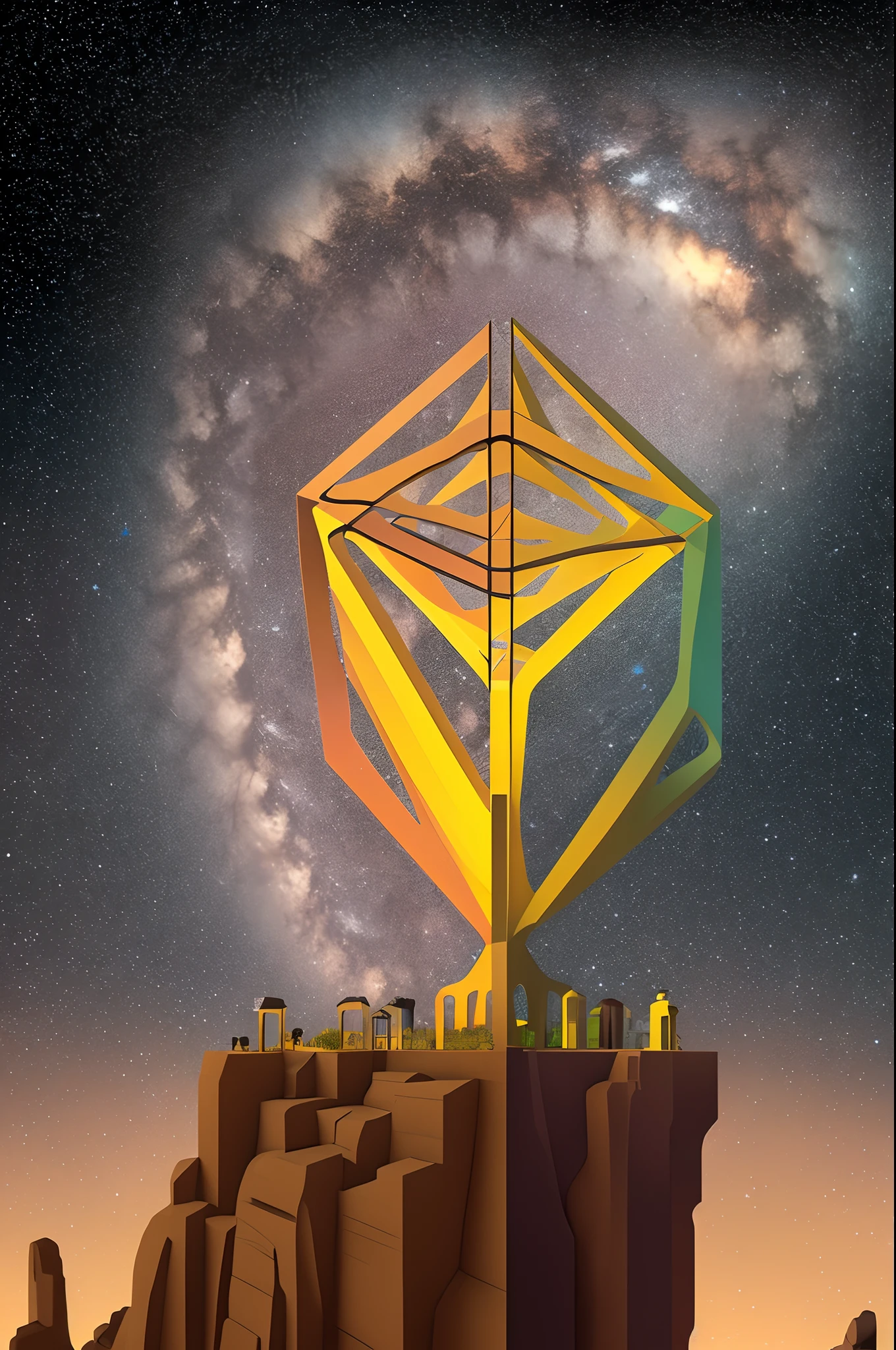 monument valley,illustration,Paradox geometry,((geometric figure:1.1))A world like a Rubik's Cube,Dark starry sky background tile,Brown tiles,Building,Magical colors,foco nítido, (hdr), (8K), (gigapixel), ((Masterpiece))
