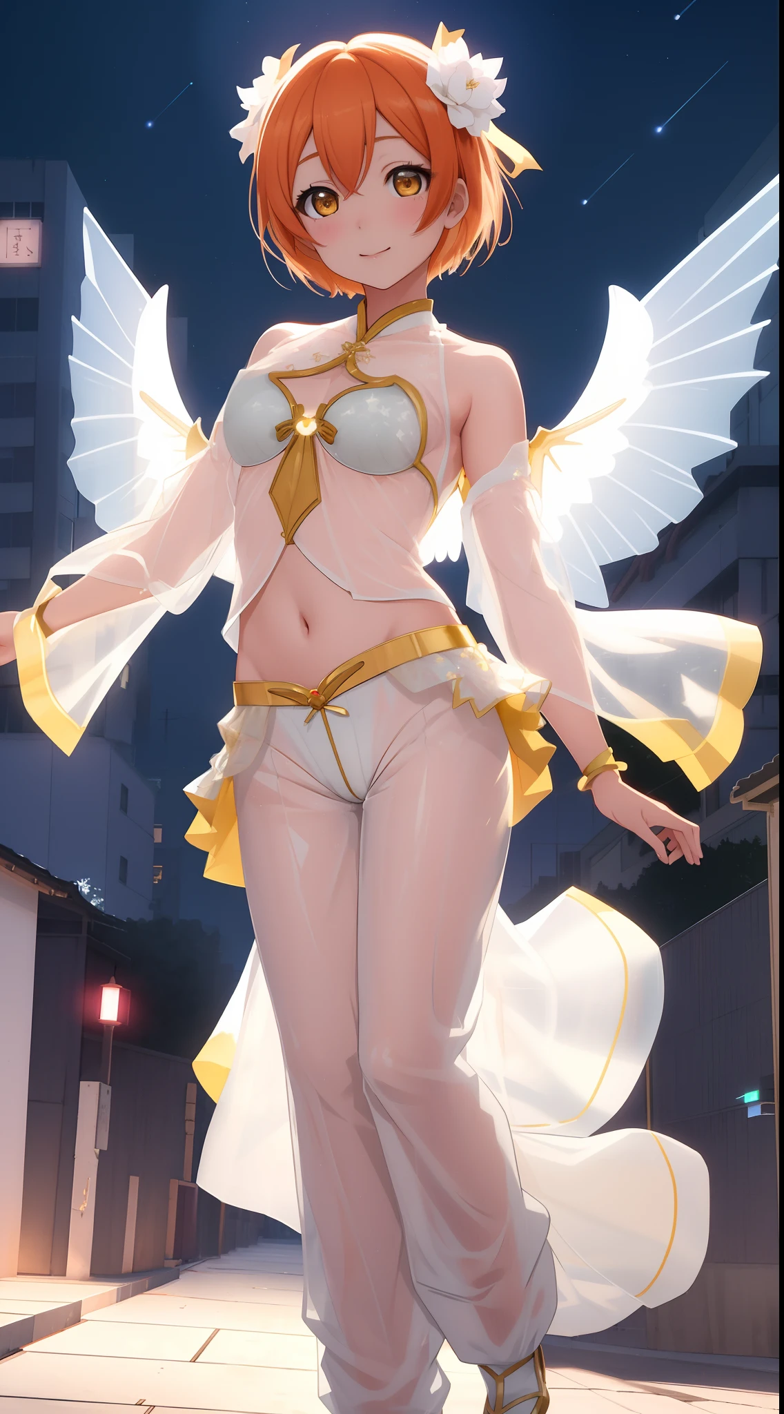 Masterpiece, Hoshizora rin,a beautiful urban female model, white transparent clothes standing under empty night stars, disappearing transparent pants,  standing, facial details, detailed body part details, 8k wallpaper, goddess wings