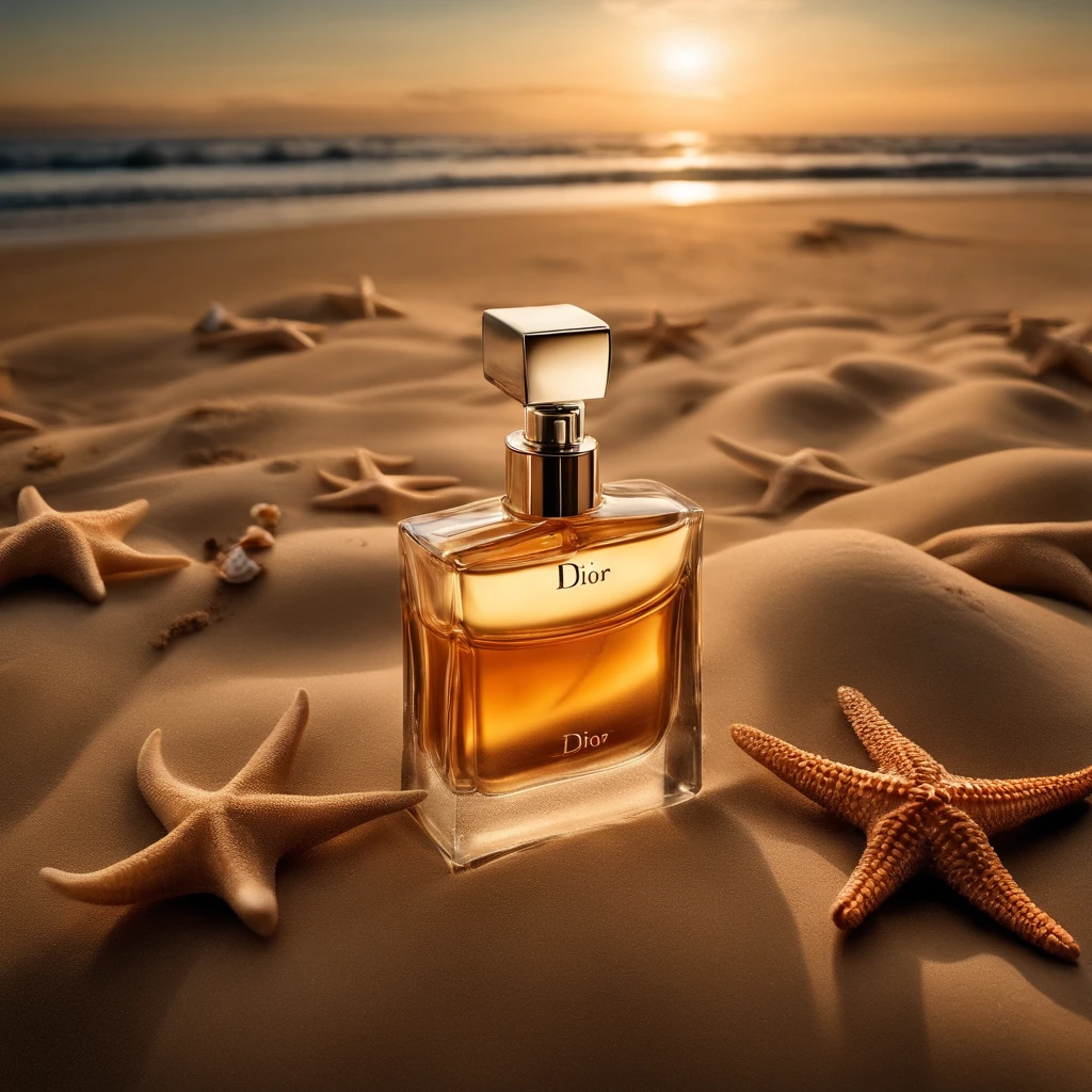 The cologne that Dior photographed on the beach is the sand inside some cologne, The sunset over the sea should be clear, Sharp sand, It is surrounded by some shells and starfish, High quality in the shadows, Sands is super quality, super detailing, 8K