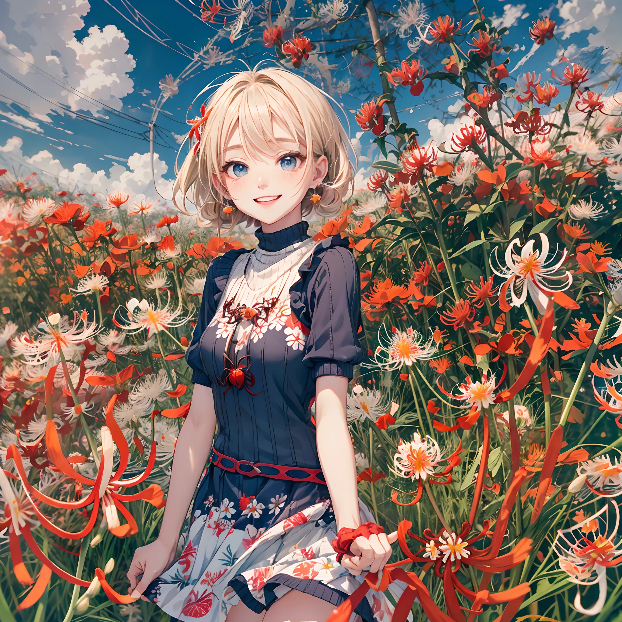 absurderes, ultra-detailliert,bright colour, extremely beautiful detailed anime face and eyes,Short hair, Blonde hair with short twin tails, Shiny hair, Delicate beautiful face, red blush,(Red spider lily field:1.6),(Deep Blue Eyes:1.2), White skin, hair clips, earrings, a necklace, (High neck knit:1.5),(Happy smile:1.4),(Floral long skirt:1.3),Beautiful cloud,Dusk sky,Full body