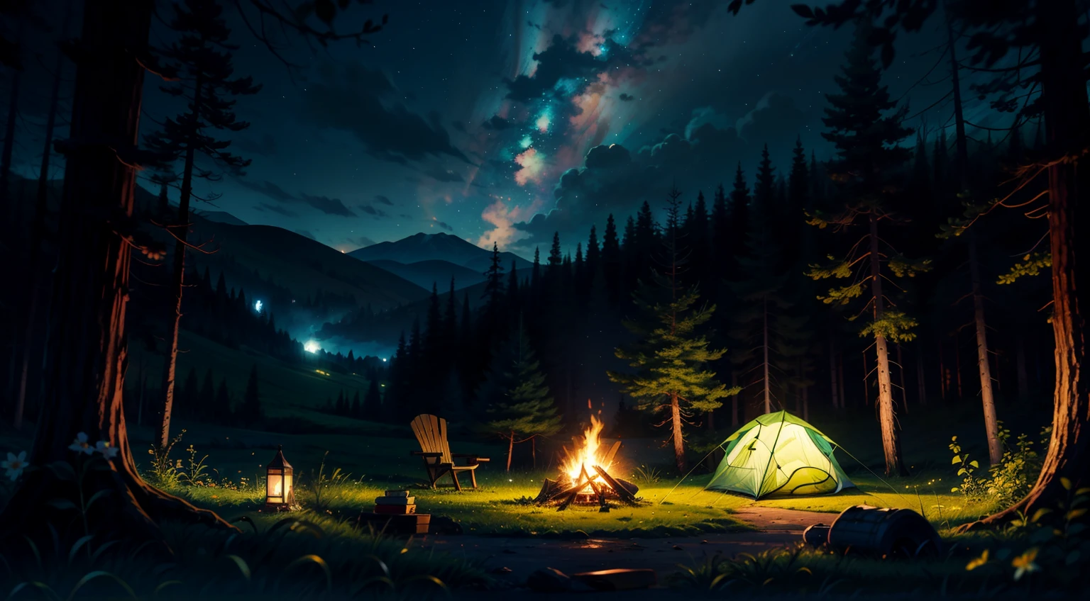 There is a tent and chairs in the woods at night - SeaArt AI