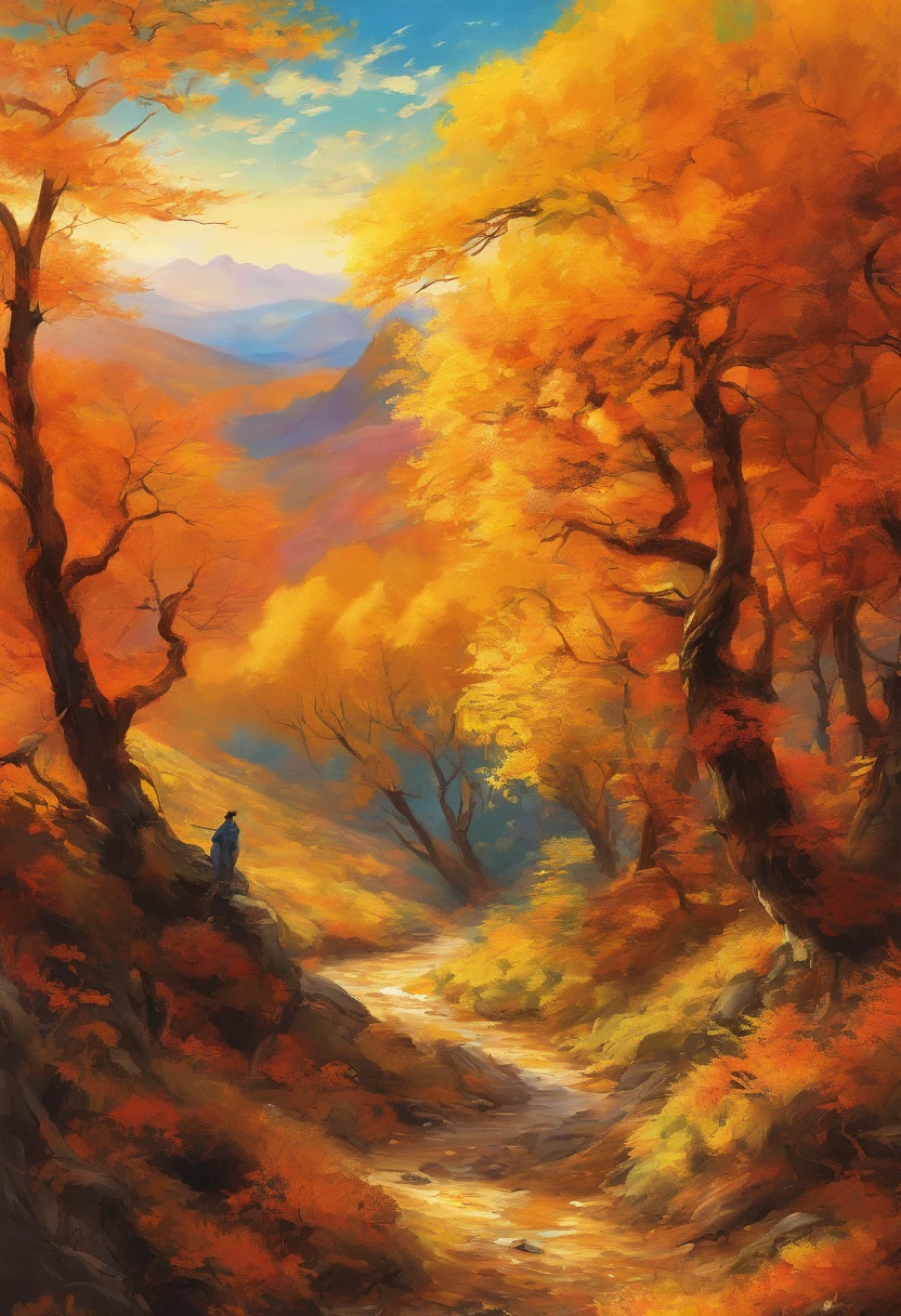 golden autumn，A 45-year-old middle-aged Chinese man，Great figure，Walk firmly on the mountain path，In the distance are high mountain peaks，Wearing gray sportswear，On both sides of the road are golden apple trees，Pretty ripe apples，hentail realism，k hd，high qulity，Sony SLR，Faraway view