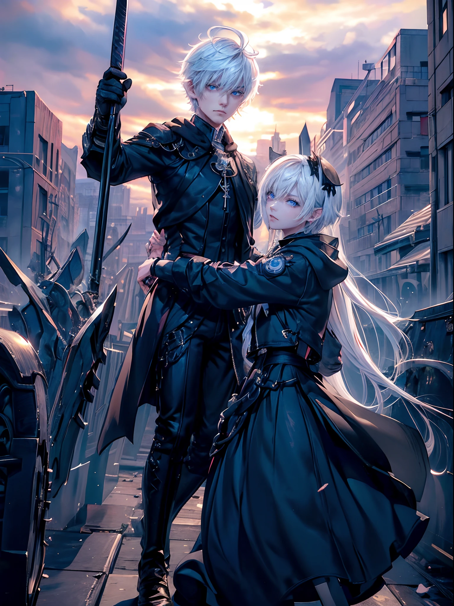 Vector, best quality, 8k, high resolution, high quality, romantic couple, lovers , Gothic mansion, beautiful girl wearing punk goth dress and boots and handsome guy in punk goth clothes, romance