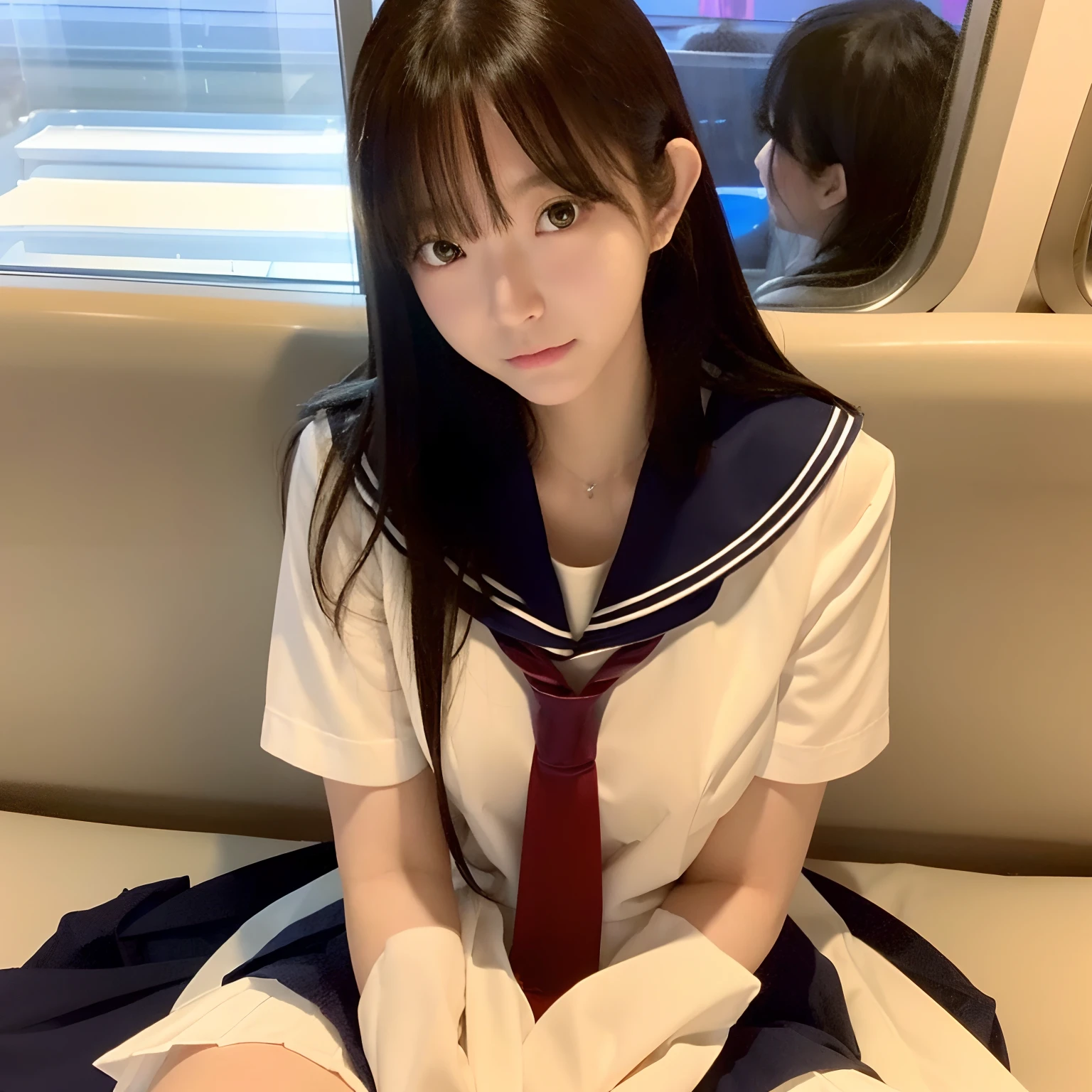 higtres、Highest quality、masterpiece、NSFW、From below、1 Girl、blush and smile、teeth、Cute Face:1.4、 on train、、Short sleeve、Sailor suit、 slender、Medium Breasts、手でLift the shirt、Lift the shirt、PN1 nipple、 (Seating)、school bag、Spread legs、Showing pussy、pussyfocus、From below、 On Japanese trains、Window Background、(Looking down)、