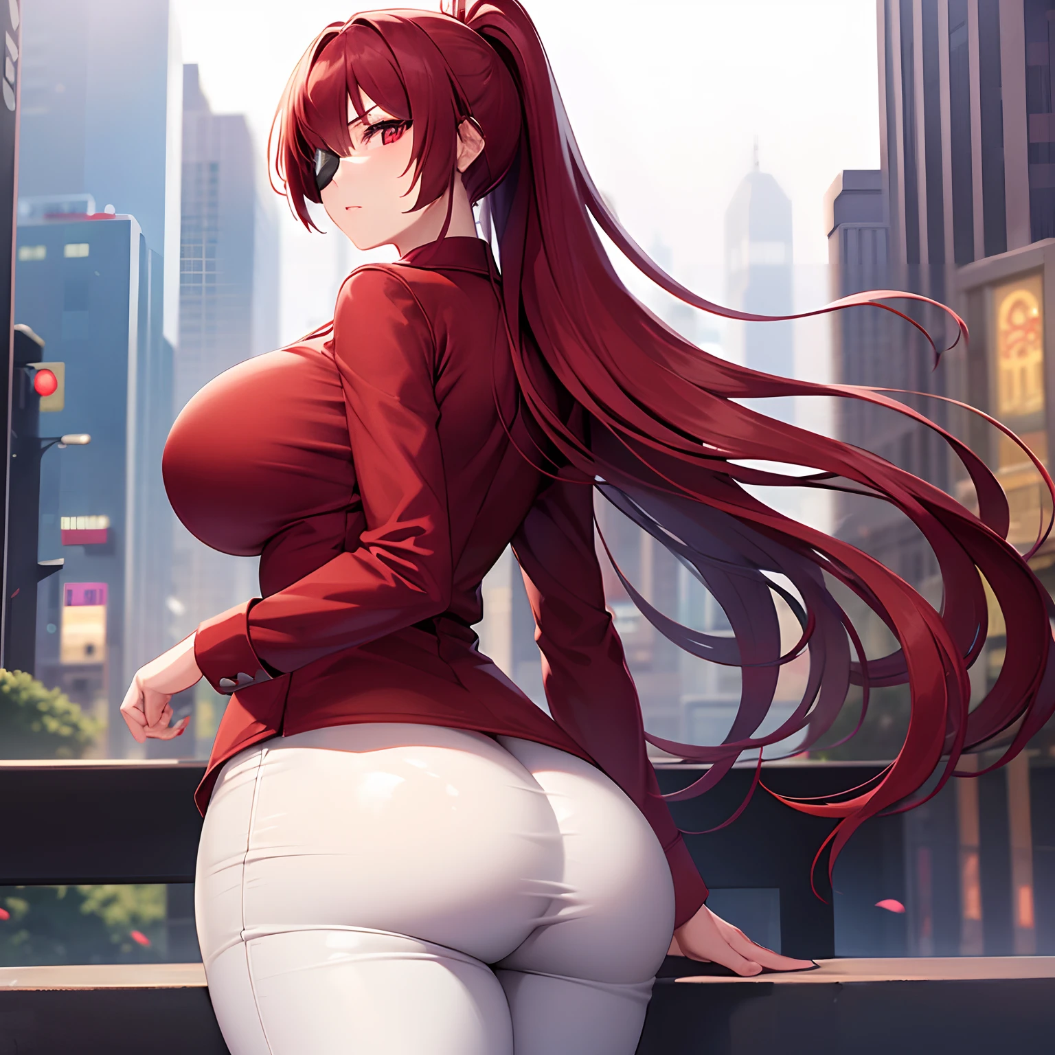 1girl, solo, detailed face, detailed eyes, red hair, long ponytail, white eye, serious, eyepatch, standing, huge breasts, huge ass, wide hips, red shirt, white pants, outdoors, city