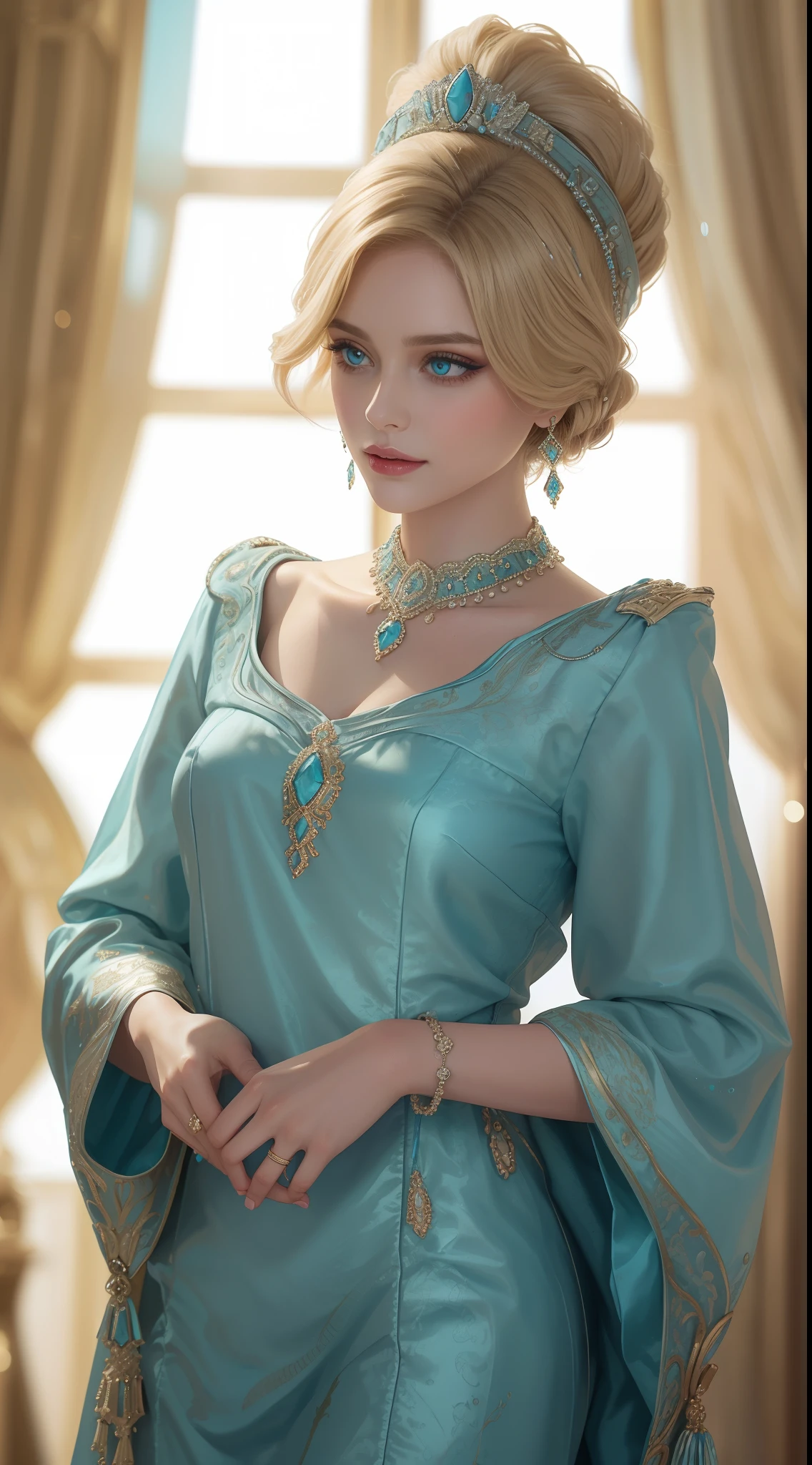 tmasterpiece，Highest image quality，Beautiful bust of royal women，Delicate blonde hairstyle，Turquoise eyes，Decorated with dazzling intricate jewelry，super detailing，upscaled。