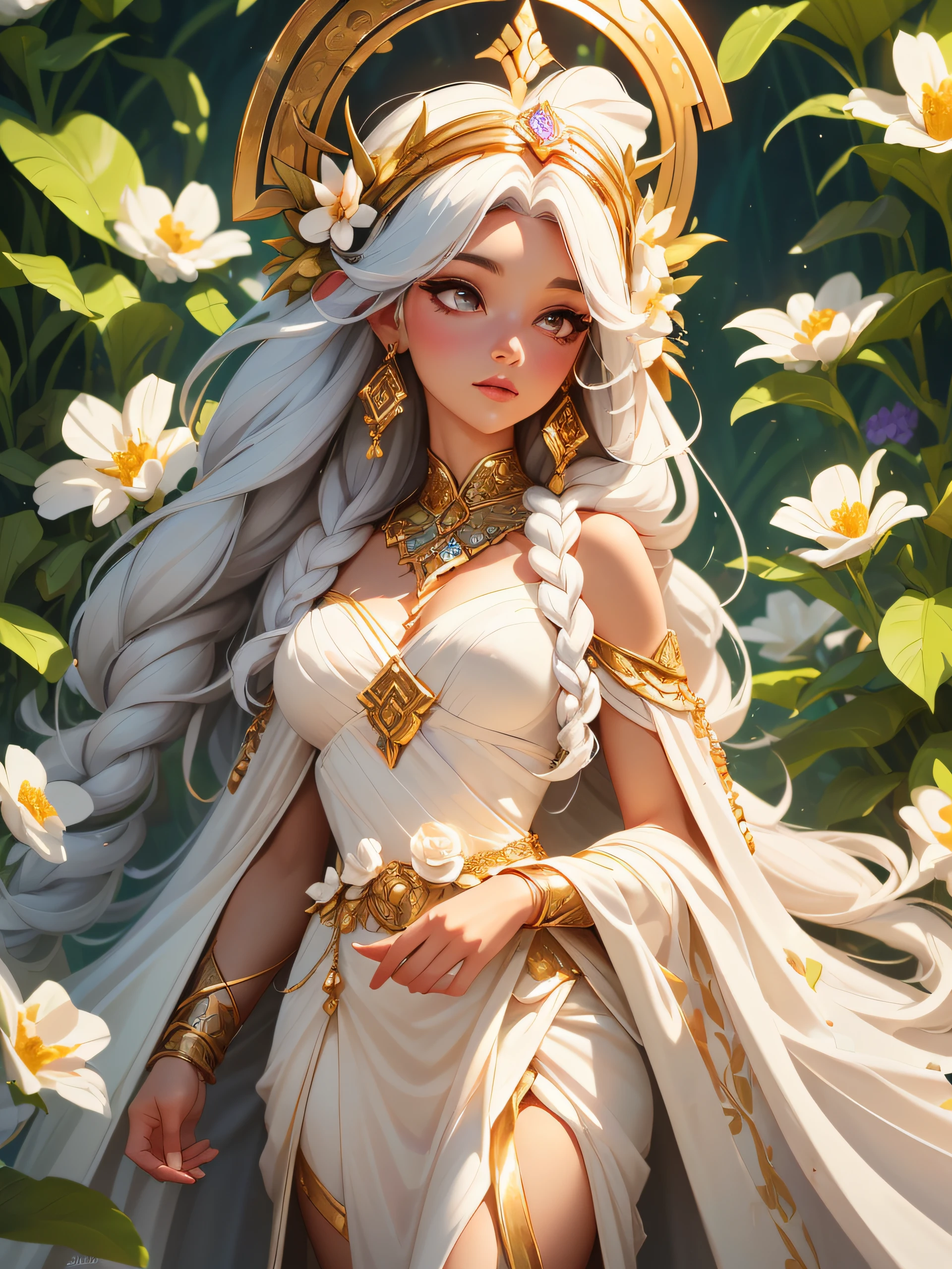 (( a close body portrait of a mystical divinity Greek goddess Persephone wearing a long white gown robe, headdress adorned with flowers and vegetation.)), (she has dark white hair and she is picking flowers in a flower garden), (her role as the goddess of vegetation and growth. It symbolizes her connection to the earth and her ability to bring forth new life and fertility.), best quality, best lighting effects, 8K, HD, Sharp detail, hyper detail, mesmerizing,