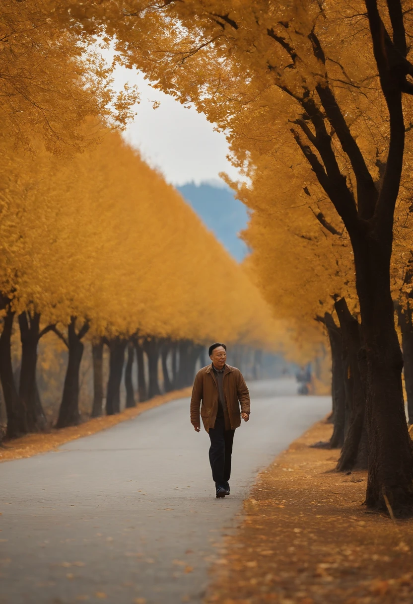golden autumn,A 45-year-old middle-aged Chinese man,Great figure,Walk firmly on the mountain path,In the distance are high mountain peaks,Wearing gray sportswear,On both sides of the road are golden apple trees,Pretty ripe apples,hentail realism,k hd,high qulity,Sony SLR,Faraway view