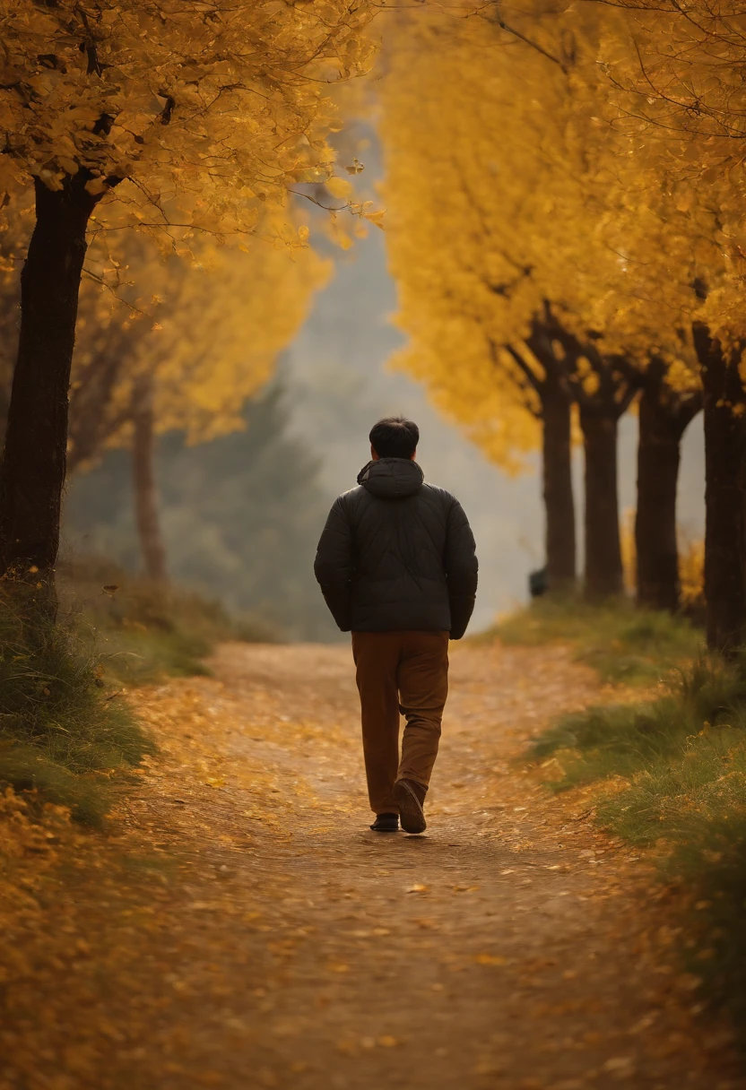 golden autumn,A 45-year-old middle-aged Chinese man,Great figure,Walk firmly on the mountain path,In the distance are high mountain peaks,Wearing gray sportswear,On both sides of the road are golden apple trees,Pretty ripe apples,hentail realism,k hd,high qulity,Sony SLR,Faraway view