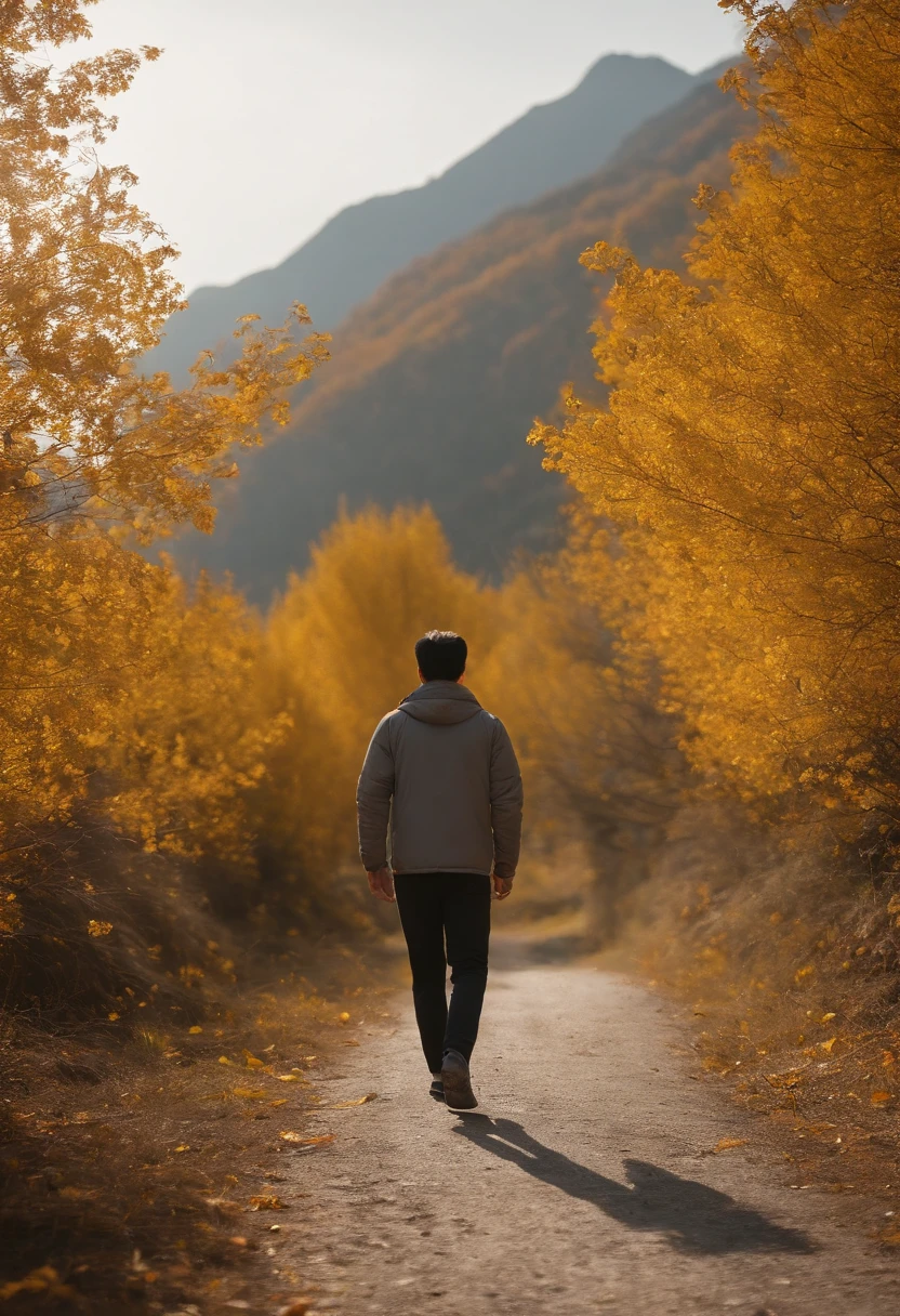 golden autumn，A 45-year-old middle-aged Chinese man，Great figure，Walk firmly on the mountain path，In the distance are high mountain peaks，Wearing gray sportswear，On both sides of the road are golden apple trees，Pretty ripe apples，hentail realism，k hd，high qulity，Sony SLR，Faraway view