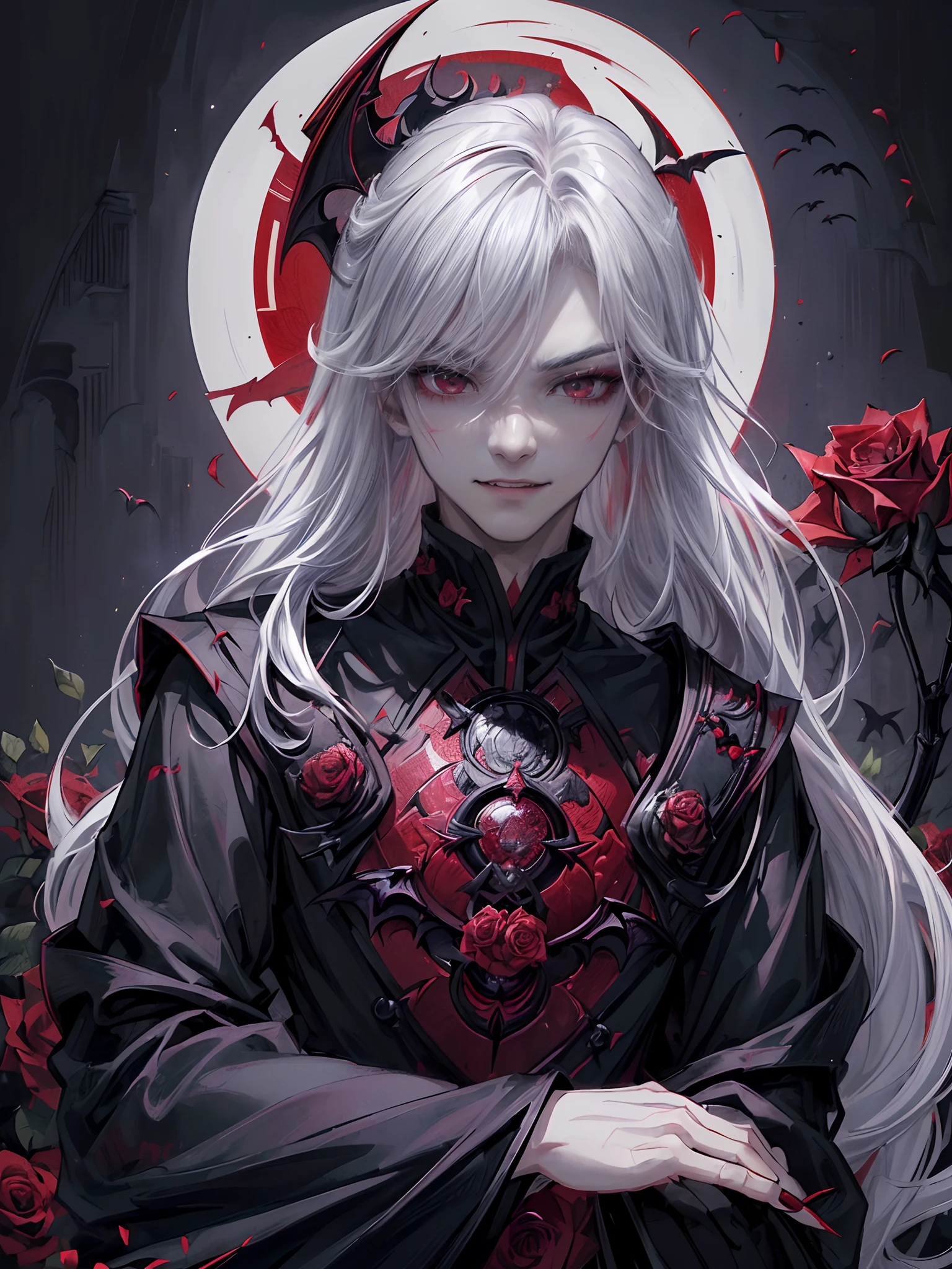 ((4K works))、masterpiece、(top-quality)、((high-level image quality))、((One beautiful vampire man))、Slim body、((Vampire Black Y-Shirt Fashion))、(Detailed beautiful eyes)、((Red roses and crows on fantastic black background))、Inside the Evil Castle、((Face similar to Chaewon in Ruseraphim))、((long-haired))、(((white hair)))、((Smaller face))、((Neutral face))、((Red Eyes))、((Korean Male))、((18year old))、((wild boy))、((Show your teeth and smile))、((Korean makeup with black eyeshadow))、((elongated and sharp eyes))、(((Shot alone)))、((Vampires))、Vampire Photos、Villain、Dark Proof、((Shot diagonally from the side))、Vampire Pose、King of Fallen Angels