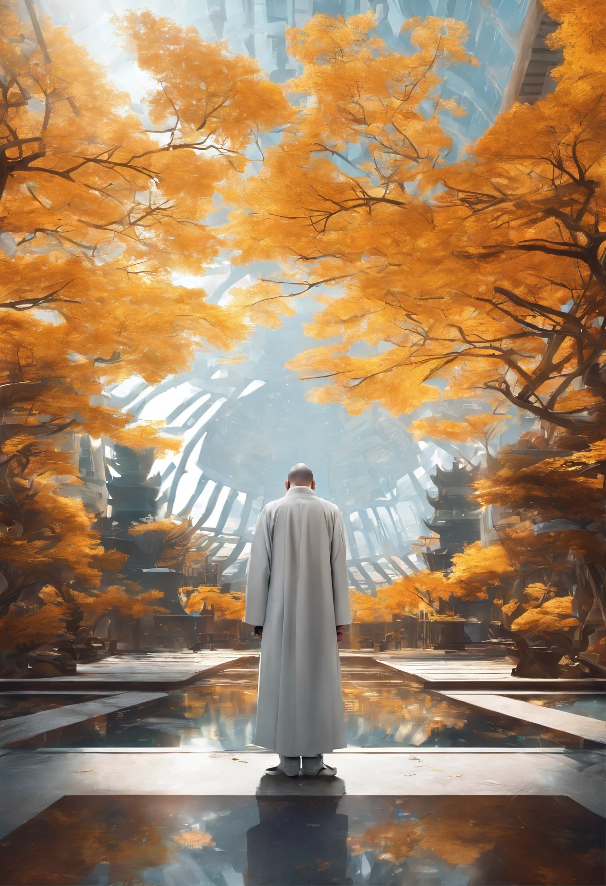 golden autumn,A high monk,Wearing a long gray monk's robe,Meditate in the temple lobby,Tall ginkgo tree outside the lobby,Golden leaves all over the ground,The incense burner outside the lobby smoked,k hd,8K,hentail realism,Faraway view,Flat viewing angle,Sony SLR,Lots of white space
