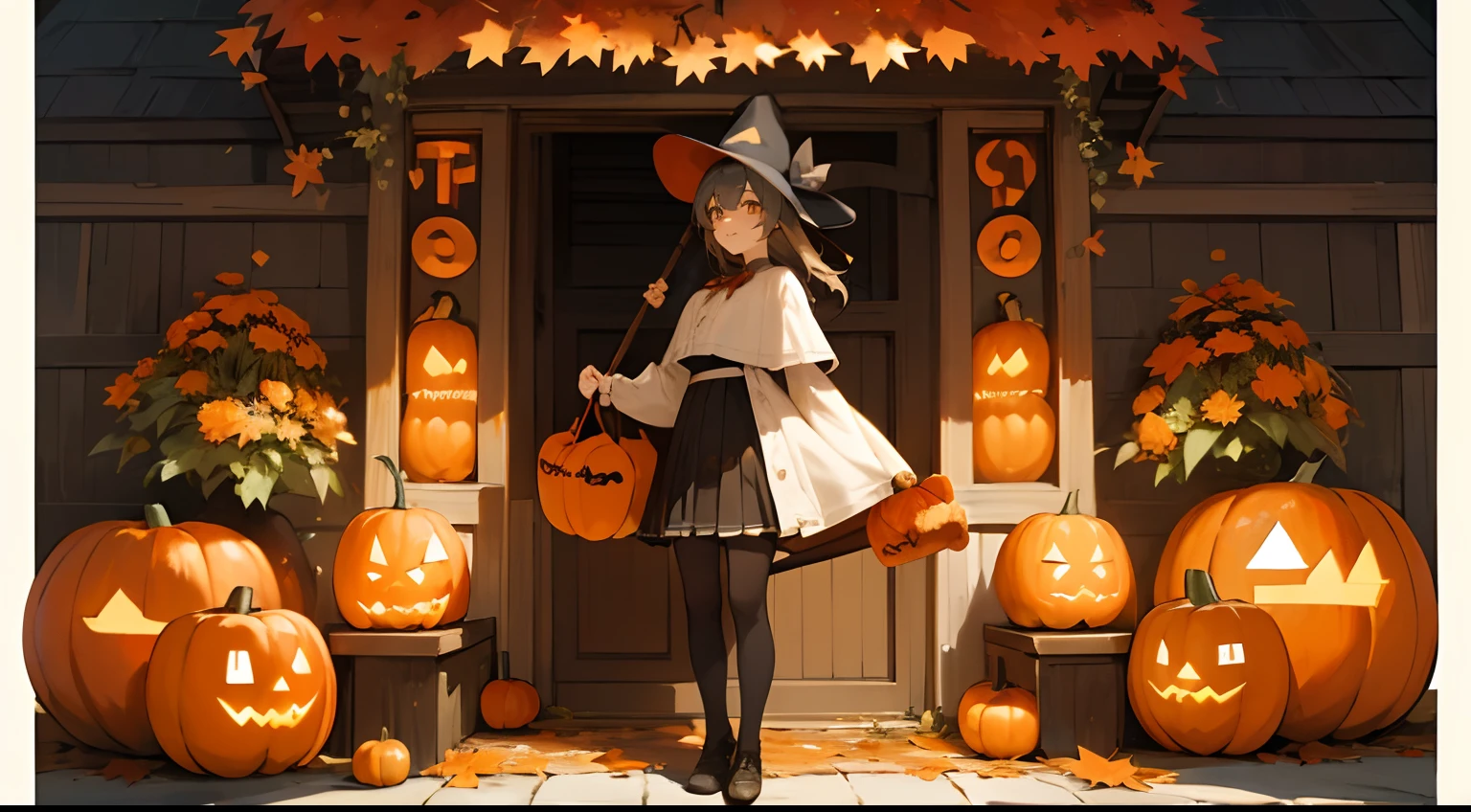 ((​masterpiece:1.4、top-quality)) 、(18 year old woman in Halloween costume、In front of the entrance with pumpkins and other decorations、Smiling and looking at the camera、Wearing a monotone costume with ghost images and holding a witch's broom、Wearing a miniskirt and horizontal striped tights and a witch's hat、Akame、kawaii、) 、autumn season, during autumn, autumn season, trending, 🍂 Cute, pumpkins, With front porch, Vivid and detailed, beautiful setting, 🍁 Cute, accurate and detailed, cottagecore!!, beautiful aesthetic, Rustic environment, ❤🔥🍄🌪, autumn season, porche、