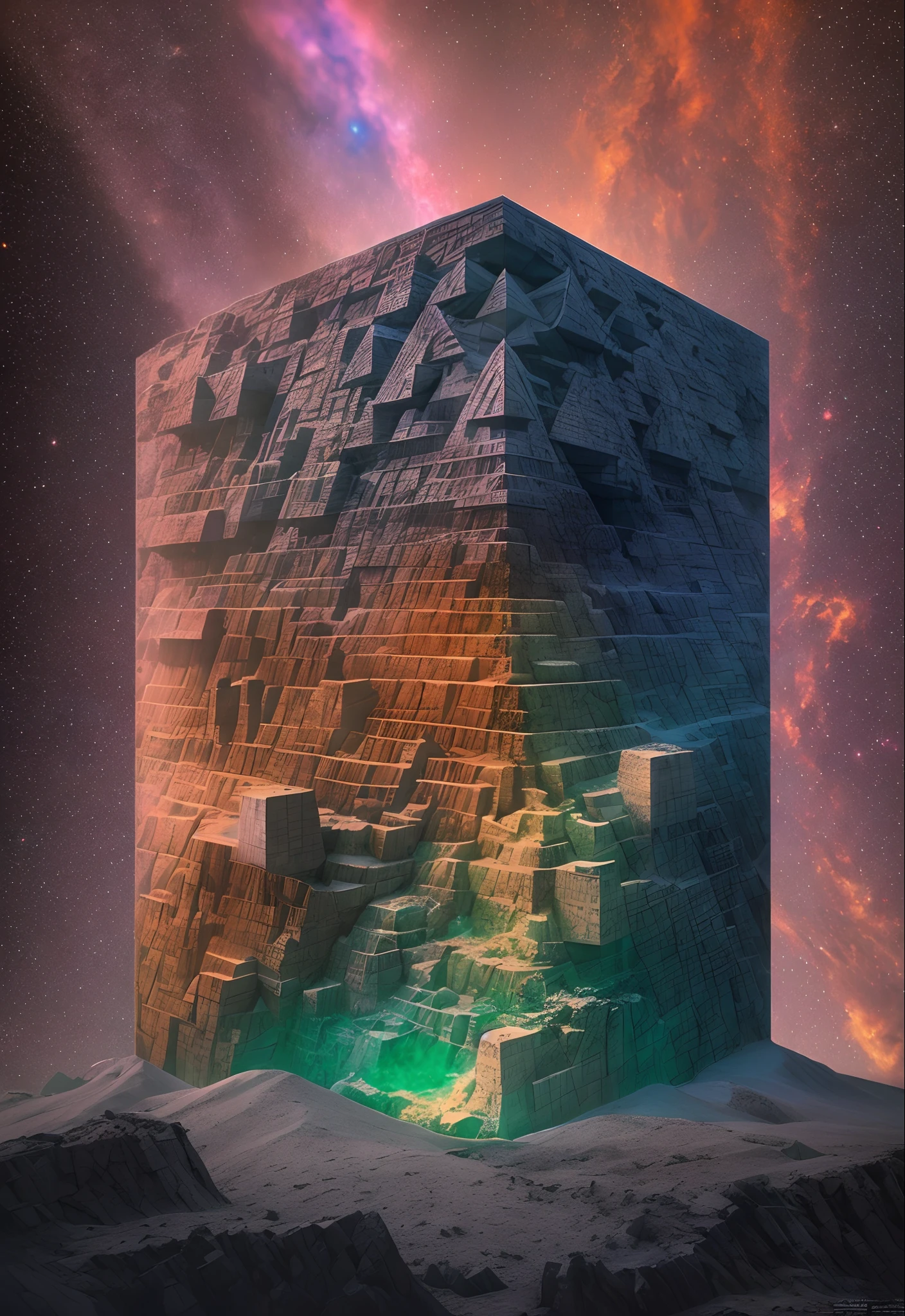 (Best quality,4K,8K,A high resolution,Masterpiece:1.2),Ultra-detailed,(Realistic,Photorealistic,photo-realistic:1.37),
Inlay,Strange geometry,Confusing,multi-dimensional,Unusual shape,Romantic Nebula,Chaos cube stacking tessellation,darkly,Destroyed planets,molten,Pyramid maze geometry,Portrait,landscape,Concept artist,Vivid colors,Warm tones,Softly lit landscape photography by Max Rivand Ryan Dahl