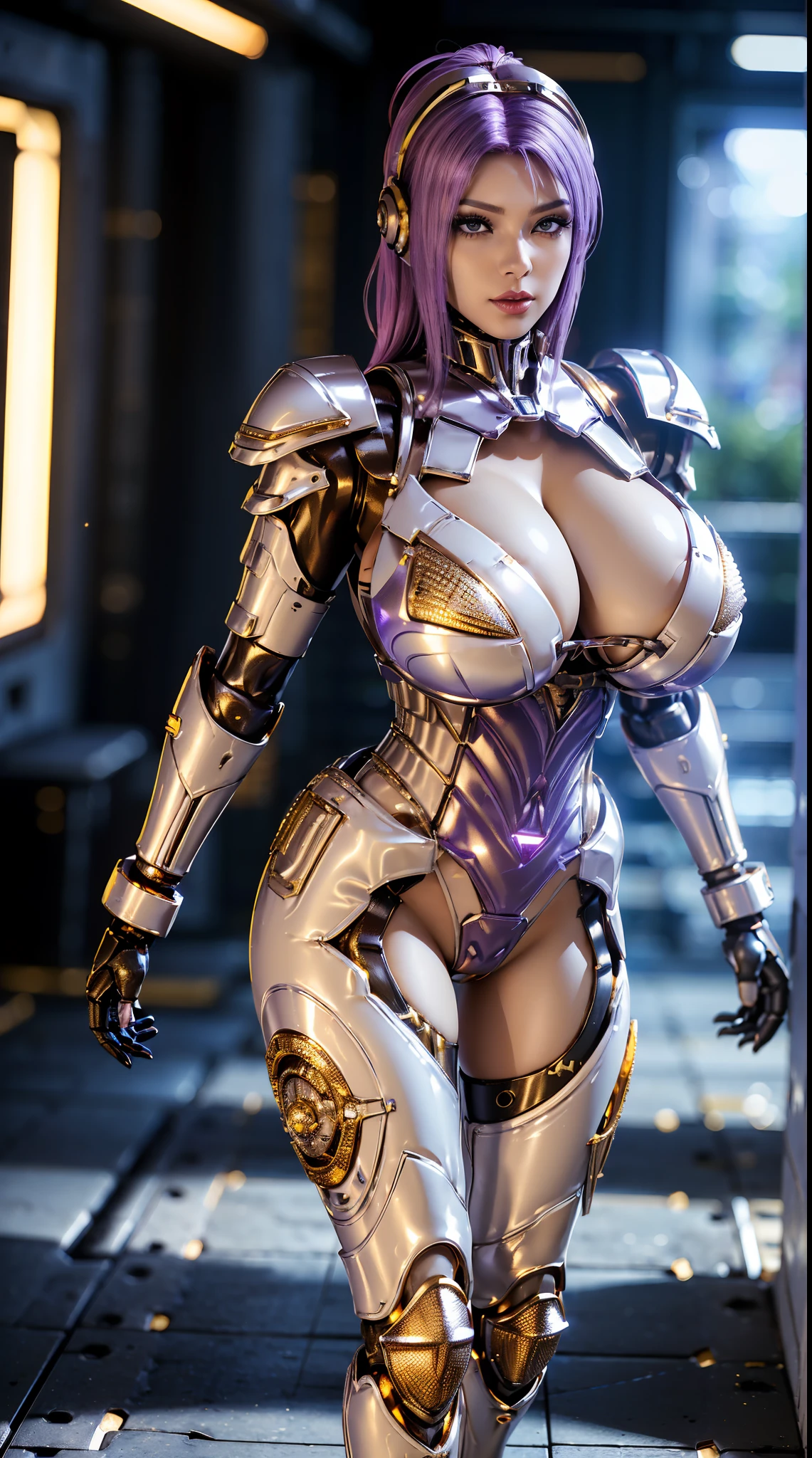 (1GIRL, SOLO), (super detailed face, red_libs), (Phoenix mecha helmet:1.2), (BIG BUTTOCKS, MUSCLE ABS, HUGE BOOBS:1.5), (MECHA GUARD ARM:1.3), ((white, purple, gold, MECHA CYBER SHINY ARMORED SUIT, CLEAVAGE, BLACK MECHA SKINTIGHT SUIT PANTS, (DIAMOND CORE IN ARMOR), MECHA GUARD ARMOR LEGS, MECHA HIGH HEELS:1.5)), (MUSCULAR BODY, SEXY LONG LEGS, HALF BODY:1), (LOOKING AT VIEWER:1.3), (famale focus:0.786), (WALKING DOWN HALLWAY OF FUTURISTIC SPACE STATION:1), (BRIGHT LIGHTING:1.3), PHYSICALLY-BASED RENDERING, ULTRA HIGHT DEFINITION, 16K, 1080P.
