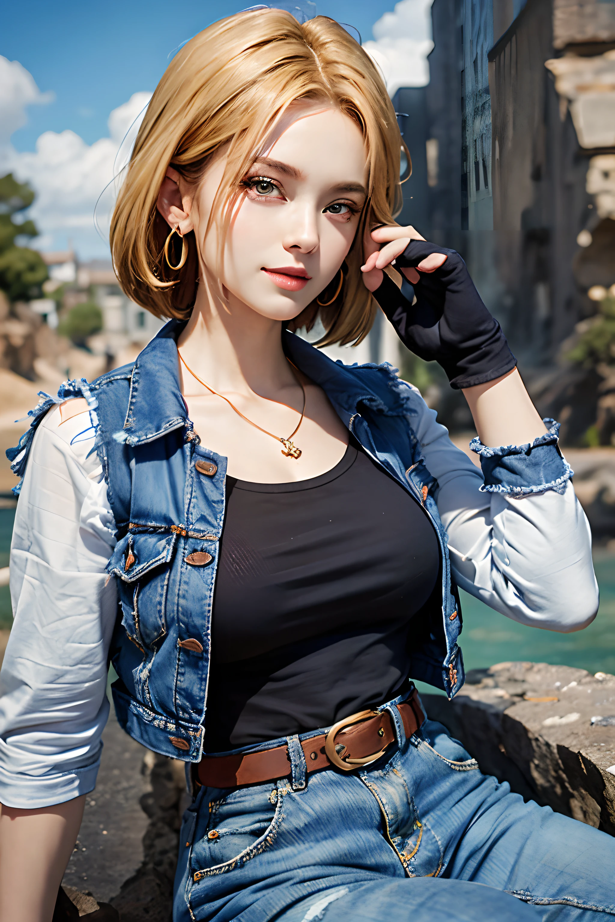 Masterpiece, Best quality, Ultra-detailed, absurderes, Beautiful portrait of Android 18DB, Solo,Yellow hair，Earrings, jewelry, Denim, Smile, belt, vest, Cloud, sky, day, Pants, Outdoors, mitts, necklace, Jeans, Rock music, Sitting, Sitting_On_Rock music, voluminetric lighting, Best quality, Masterpiece, Intricate details, Tone-mapping, Sharp focus, ultra - detailed, trending on artstationh, Bigboobs, Slim body
