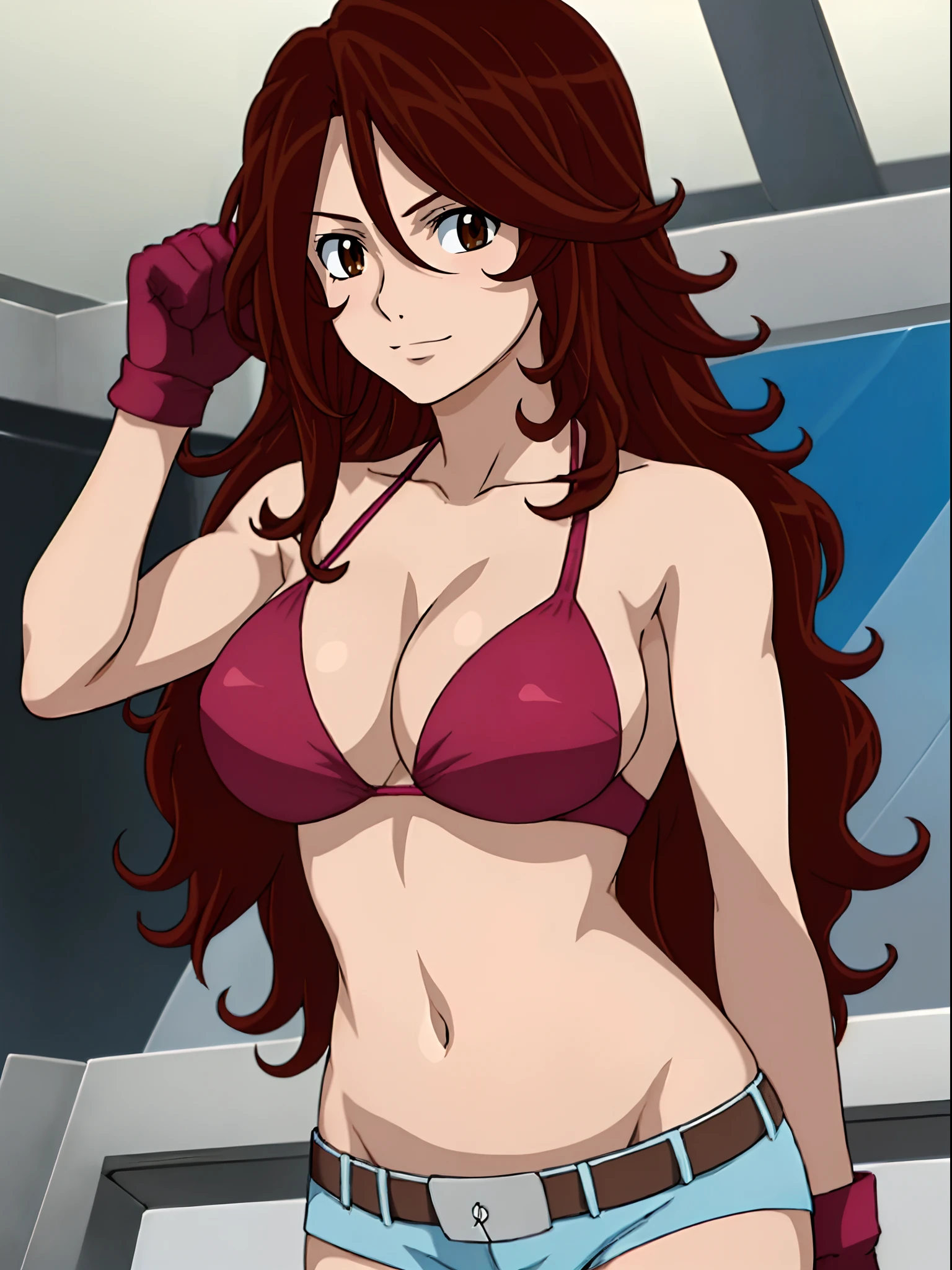 Best Quality, hires, curvy midsection, solo, 1 girl, strong woman, female wrestler, smile, happy), (detailed titration screen, upper body only, anime style: 1.8, anime drawing, ultra detailed face, ultra detailed body, 4k, Sumergai Lee Noriega, (standing), best quality, anime style, hires, highest definition, digital blending, bold drawing lines, ((wwe diva), ((White Background)), ( pro female wrestler, long attractive belly, slim body, (strong arm muscles), broad shoulders , off-shoulders, closed fists, (very curvy: 2.8)), ((elegant red bikini , shorts, white gloves, arm band, arm band, (champion belt))), (pale skin, big breasts, closed mouth), (big eyes, brown eyes, shiny eyes), (), (reddish hair, loose hair, curly hair, wavy hair, long hair, missy hair), 27 years old