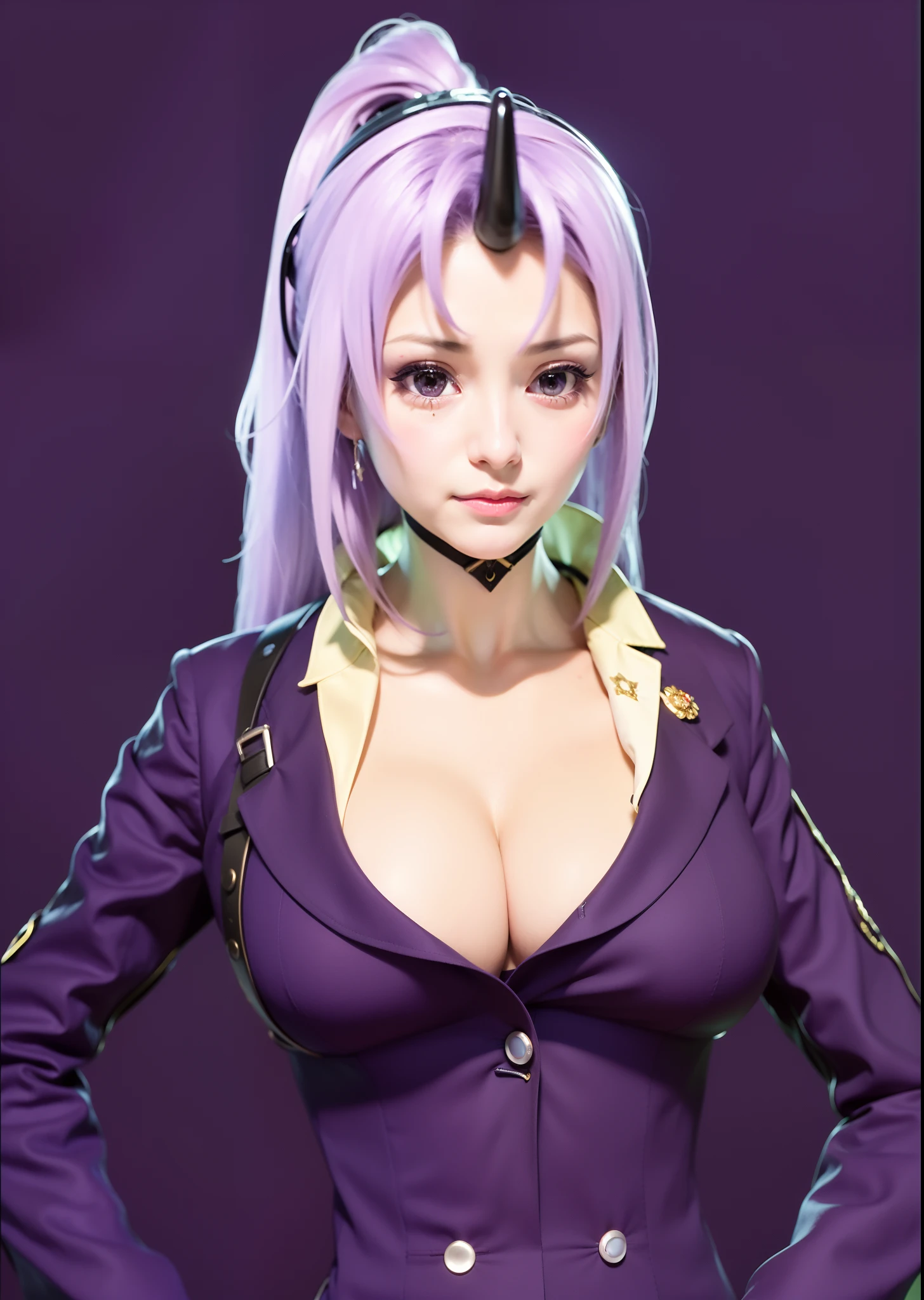 A girl with purple hair and purple eyes posing for a picture, sil from species, hajime yatate, she has purple hair, she has a horn, misato katsuragi, haruno sakura, rei hiroe, ueshiba riichi, as an anime character, tensei shitara slime datta ken, female anime character, maya fey from ace attorney, High quality image, masterpiece, detailed hair texture, detailed skin texture, detailed cloth texture, 8k, add fabric details, ultra detailed skin texture, ultra detailed photo, skin pores, cloth details, high skin details, realistic hair details