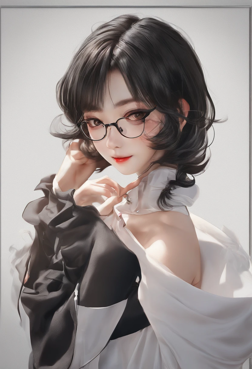 (8K、RAW photography、top-quality、tmasterpiece:1.2)、(hentail realism、Photorealsitic:1.37)、ultra - detailed、超A high resolution、1 rapariga、see the beholder、beautifull detailed face、A smile、shrinks、(Slim waist) :1.3)、((Red shirt clothes))、beautiful detailed skin、Skin texture、Floating hair、((Hair tied in a tuft))、d-cup breasts、Professional lighting、Noon Cafe、((black square glasses))、full bodyesbian、black color hair