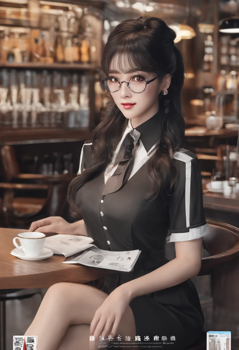 (8K、RAW photography、top-quality、tmasterpiece:1.2)、(hentail realism、Photorealsitic:1.37)、ultra - detailed、超A high resolution、1 rapariga、see the beholder、beautifull detailed face、A smile、shrinks、(Slim waist) :1.3)、((Red shirt clothes))、beautiful detailed skin、Skin texture、Floating hair、((Hair tied in a tuft))、d-cup breasts、Professional lighting、Noon Cafe、((black square glasses))、full bodyesbian、black color hair