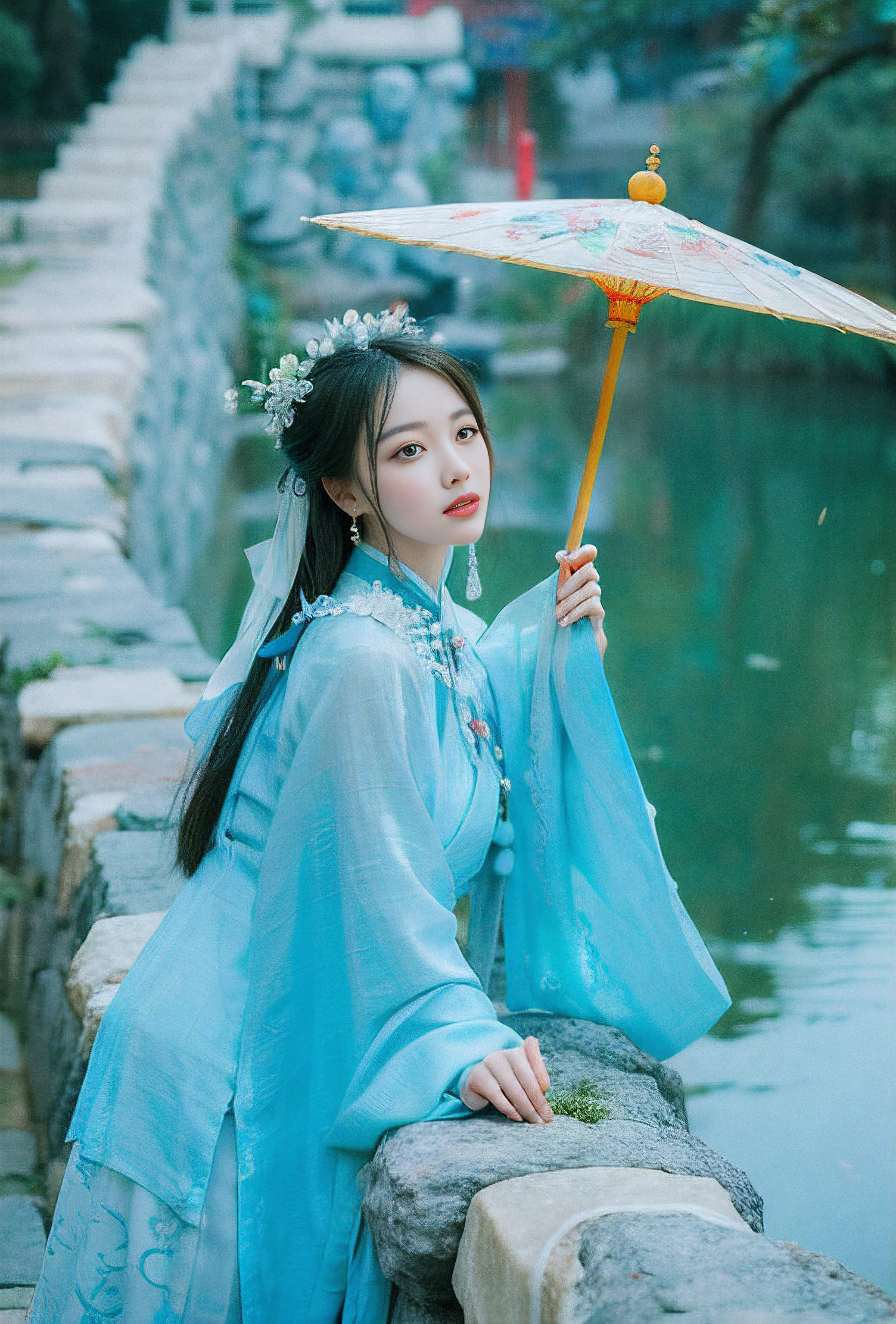 An Asian woman in traditional dress holds an umbrella, Palace ， A girl in Hanfu, Hanfu, Wearing ancient Chinese clothes, White Hanfu, Traditional Chinese clothing, Chinese girl, Chinese woman, Chinese traditional, with acient chinese clothes, Chinese style, China Princess, Chinese costume, Princesa chinesa antiga, A young Asian woman, Traditional beauty