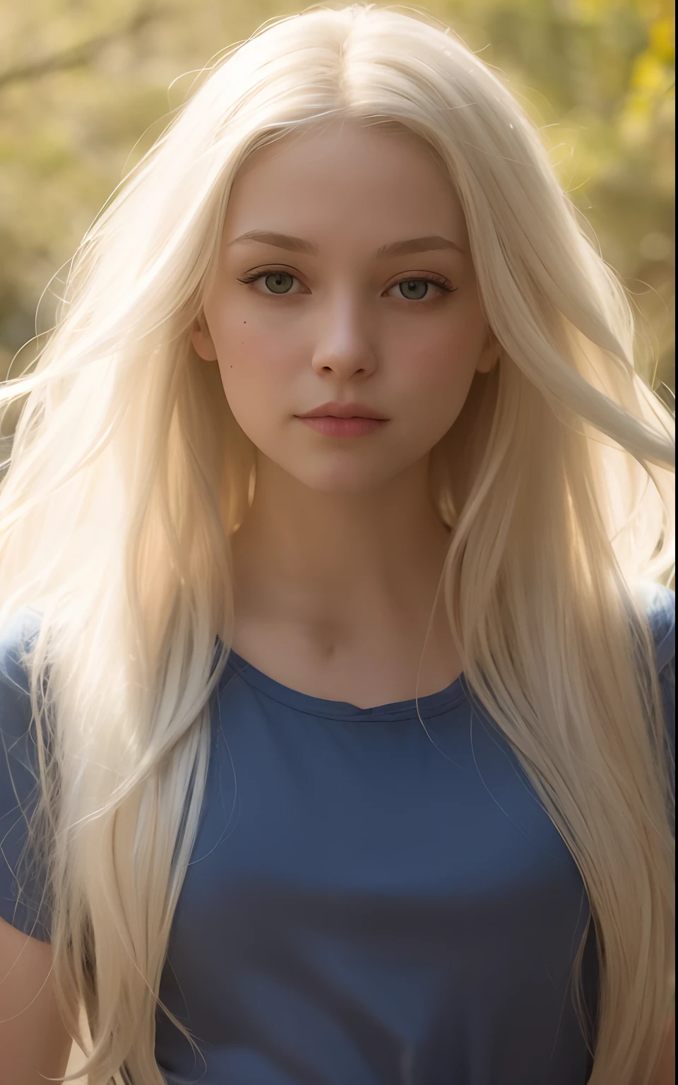 "A photorealistic portrait of a 20 year old white girl with very long white hair, very long straight hair, blue eyes, pleasant smile, small lips. simple shirt, skirt, wide hips, soft thick legs with heels. full body, small stature Open shot, should have a natural looking Expression and be approachable and illuminated by soft sunlight, background should be a cabin setting “Picturesque exteriors, perhaps a sunlit cabin. Capture this image with high-resolution photography using an 85mm lens for a "flattering perspective."
