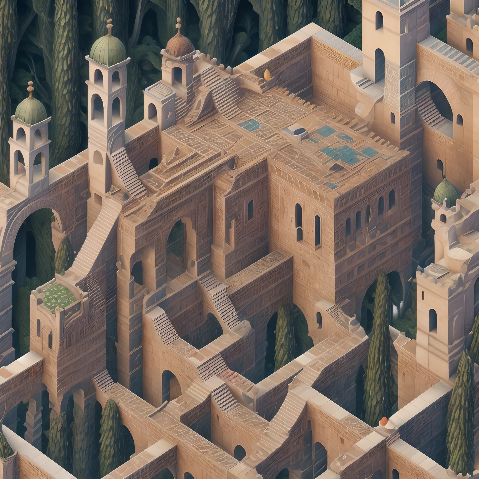 (author：Phil Noto, by Pixar, author：Corey Loftis, author：Ed Mayer, author：Drew Struzan, author：Alberto Morroco), tmasterpiece，monument valley，geomerty，Paradox geometry,tile,Brown tiles,Building,Dome,Onion dome,Brown onion dome,water,stairways,Buttress,arch bridges,Light brown background,Door, Brown walls,Scary green forest background， extremely detaile，Clear focus, (hdr), (8K), (gigapixel), ((Masterpiece))