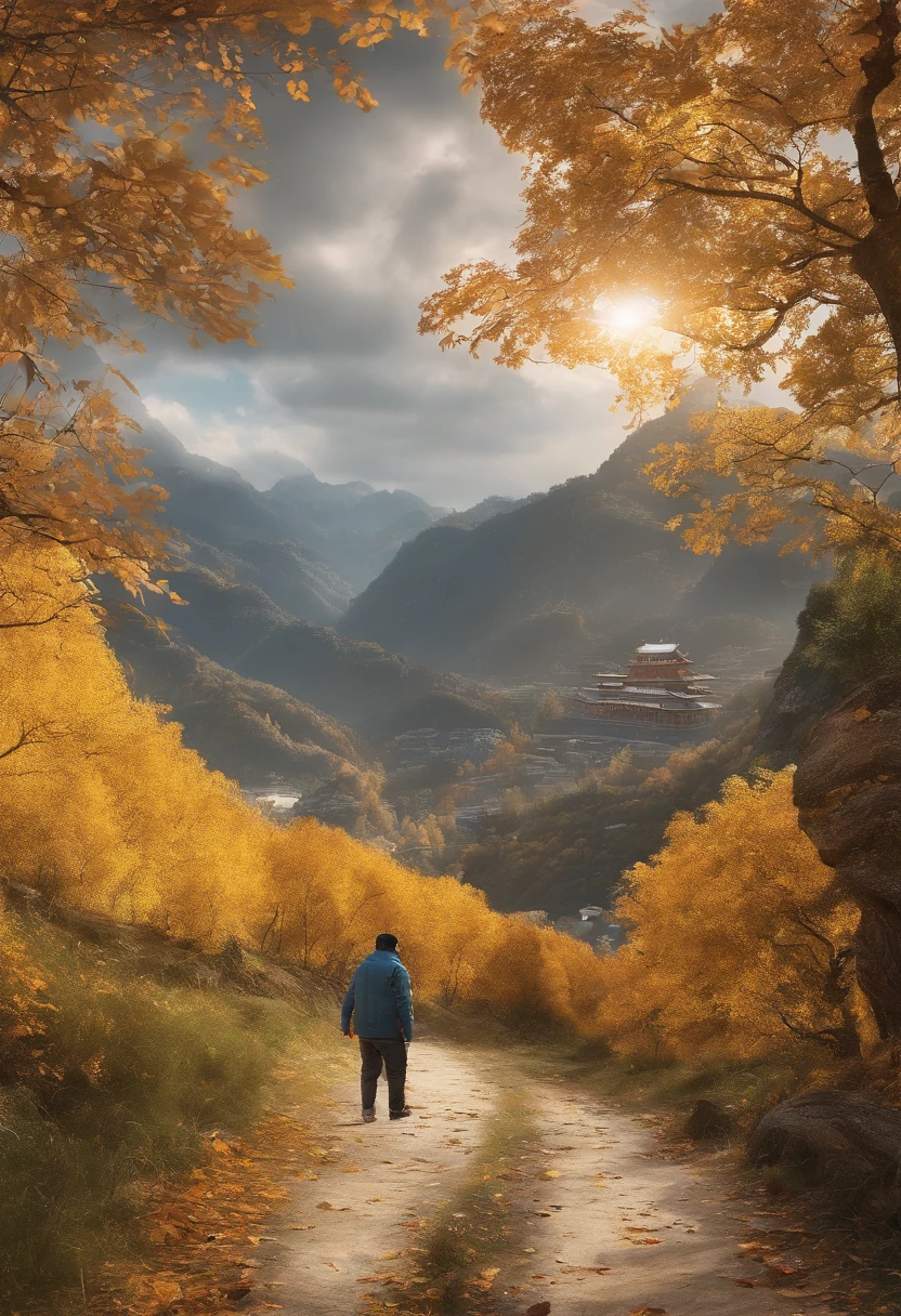 golden autumn，A 45-year-old middle-aged Chinese man，Great figure，Walk firmly on the mountain path，In the distance are high mountain peaks，Wearing gray sportswear，On both sides of the road are golden apple trees，Pretty ripe apples，hentail realism，k hd，high qulity，Sony SLR，Faraway view