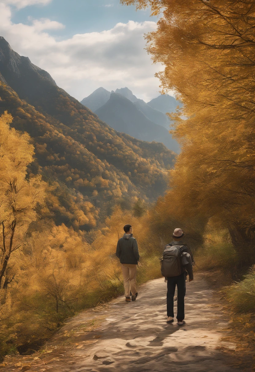 golden autumn,A 45-year-old middle-aged Chinese man,Great figure,Walk firmly on the mountain path,In the distance are high mountain peaks,Wearing gray sportswear,On both sides of the road are golden apple trees,Pretty ripe apples,hentail realism,k hd,high qulity,Sony SLR,Faraway view