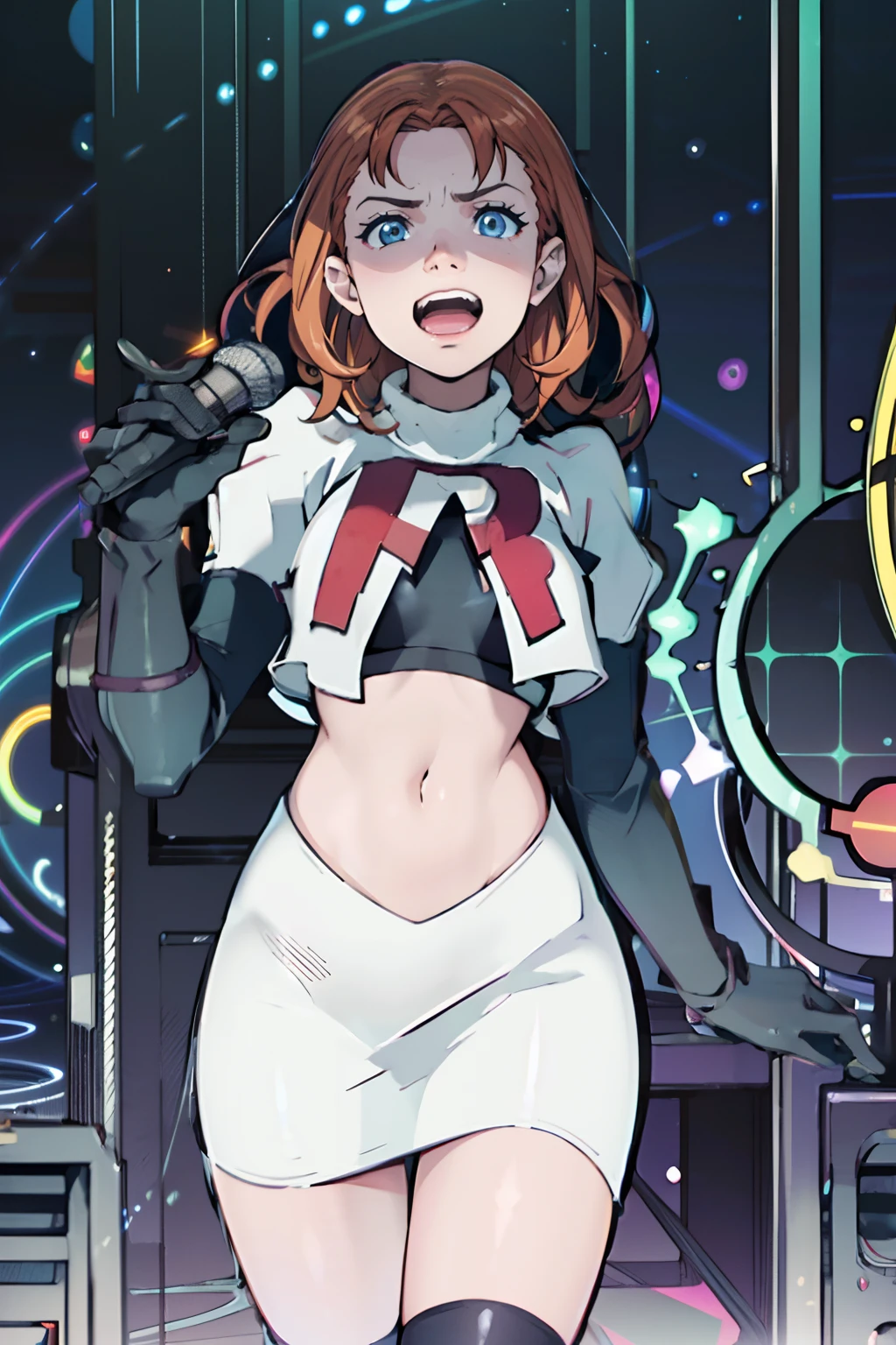 masterpiece, best quality, highly detailed, highres, hdr,kallen stadtfeldd,blue eyes, hair intakes, large breasts, red hair, short hair,spiked hair+,mksks style,(one-piece swimsuitr:white:1.5)+ white_swimsuit+,{{{livestream, livestream screen view, niconico, }}}, play button, seek bar, 1girl, pajamas, white mouth mask, cleavage, headset, {{{text}}}, bilibili comment, sexy pose,sexy