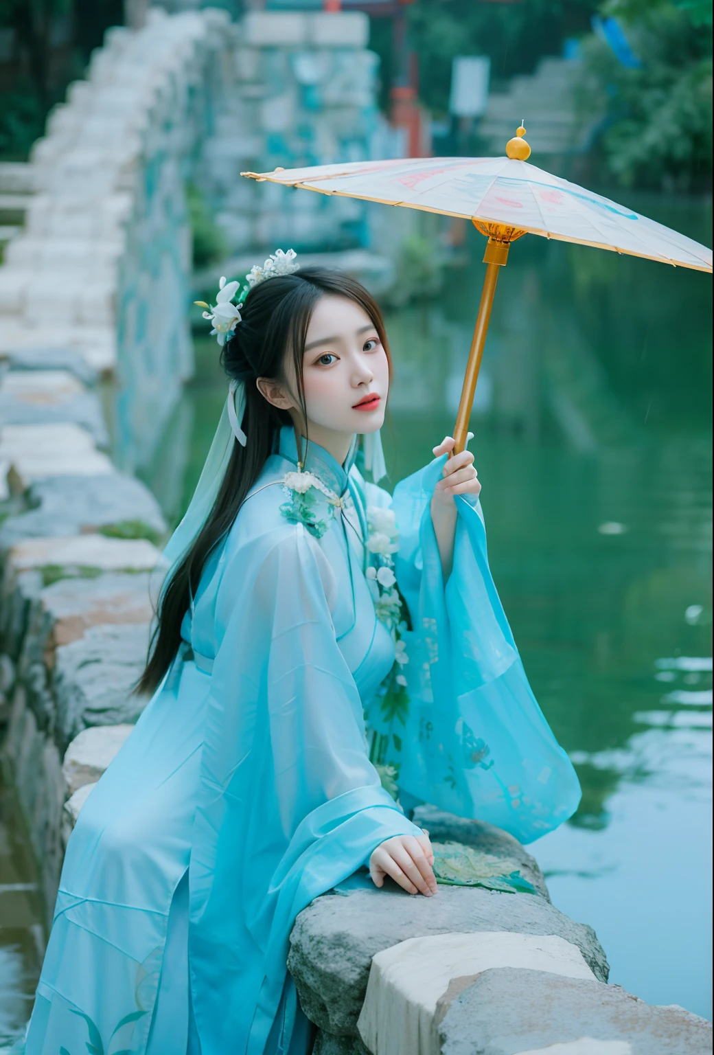 An Asian woman in traditional dress holds an umbrella, Palace ， A girl in Hanfu, Hanfu, Wearing ancient Chinese clothes, White Hanfu, Traditional Chinese clothing, Chinese girl, Chinese woman, Chinese traditional, with acient chinese clothes, Chinese style, China Princess, Chinese costume, Princesa chinesa antiga, A young Asian woman, Traditional beauty