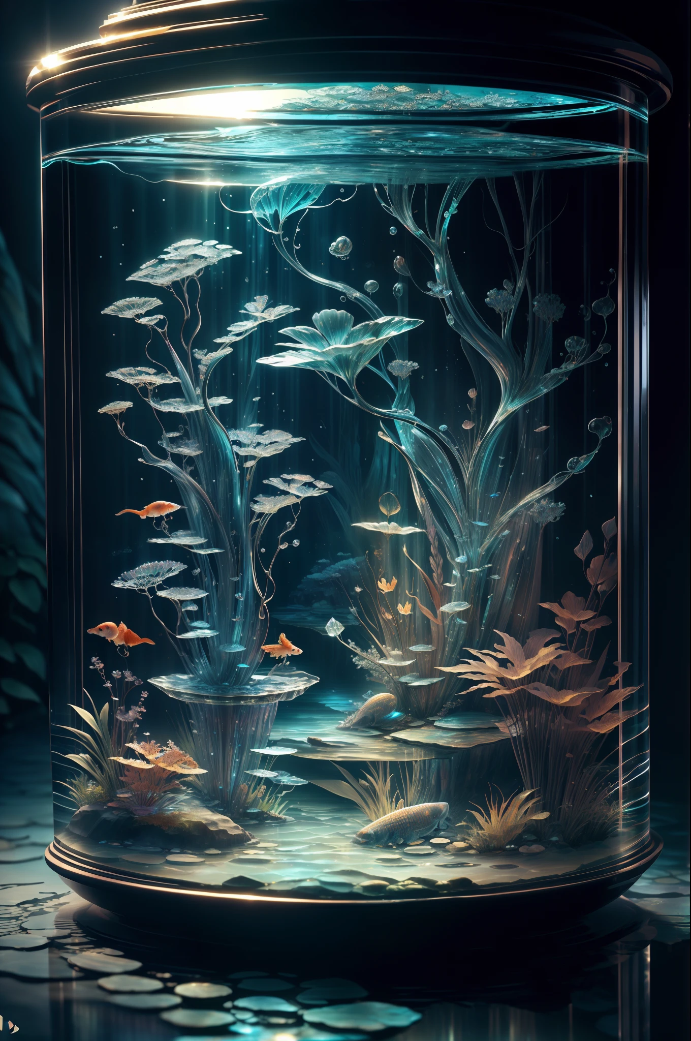 "High-quality crystal carvings with natural aquatic plants inside, goldfish, Water, brilliance, Fantasia, incredible details, masterpiece, top-quality, nffsw, 4K, 8K,".