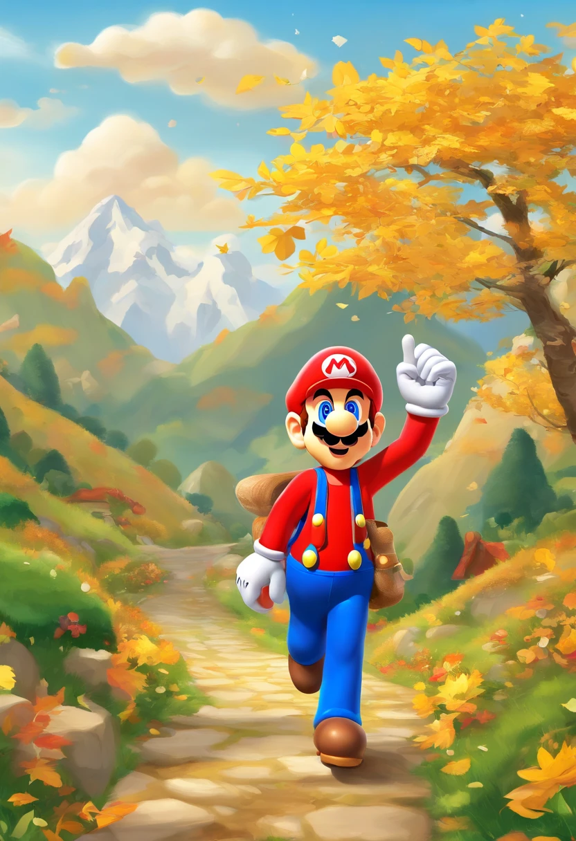 golden autumn，A 45-year-old middle-aged Chinese man，Great figure，Walk firmly on the mountain path，In the distance are high mountain peaks，Wearing gray sportswear，On both sides of the road are golden apple trees，Pretty ripe apples，hentail realism，k hd，high qulity，Sony SLR，Faraway view