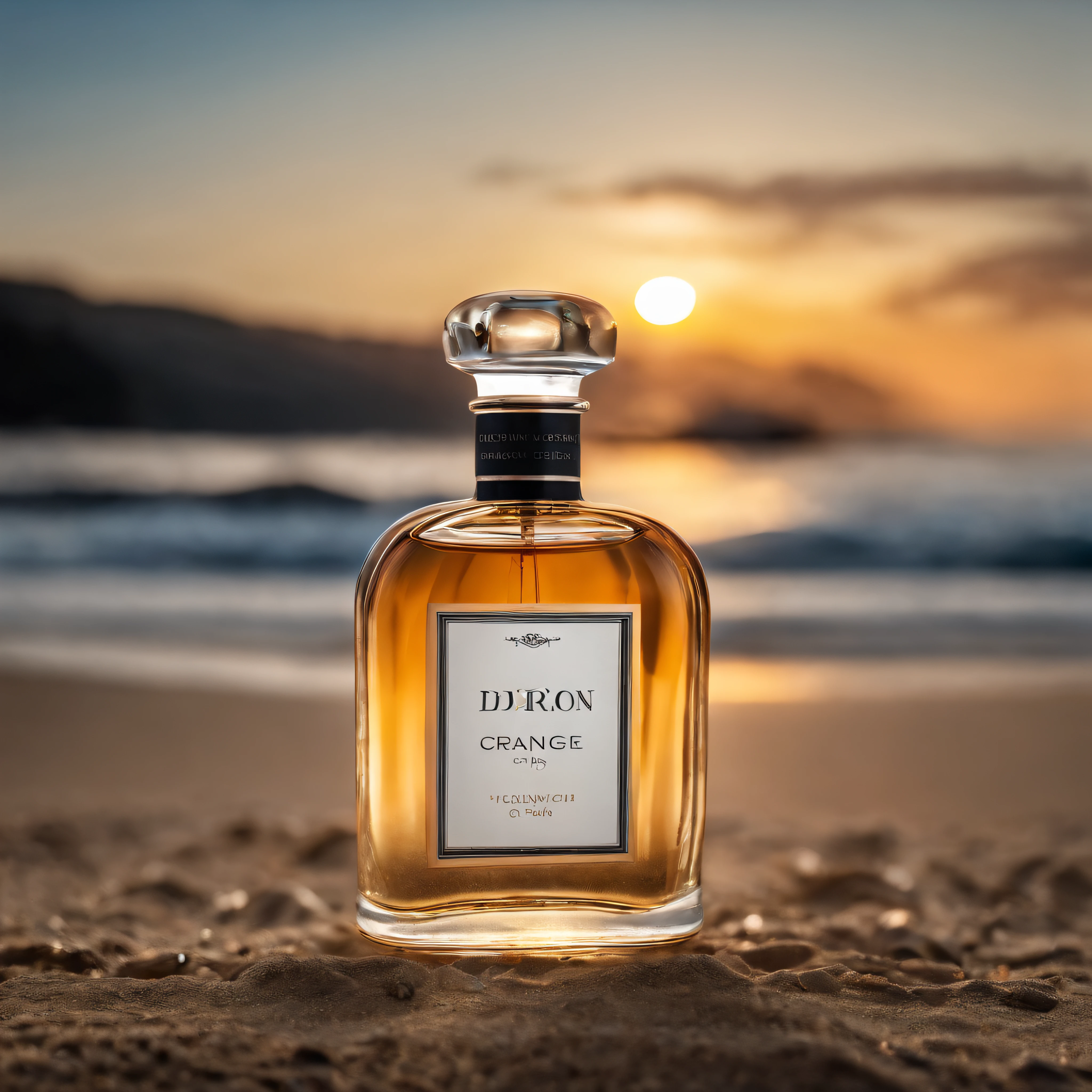 Photography of Dior cologne on the beach is some of the cologne inside the sand, The sunset should be clear on the sea, sharp sands, surrounded by some seashells and starfish, high quality in shadows, ultra quality in sands, super details, 8k