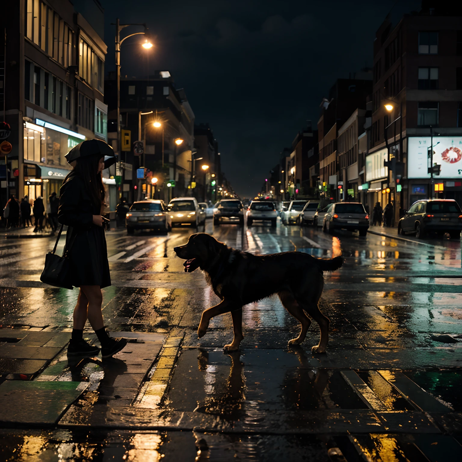 Naked blond girl walking in the rain, nice breasts, full moon, dogs, dark street, realistic effect,