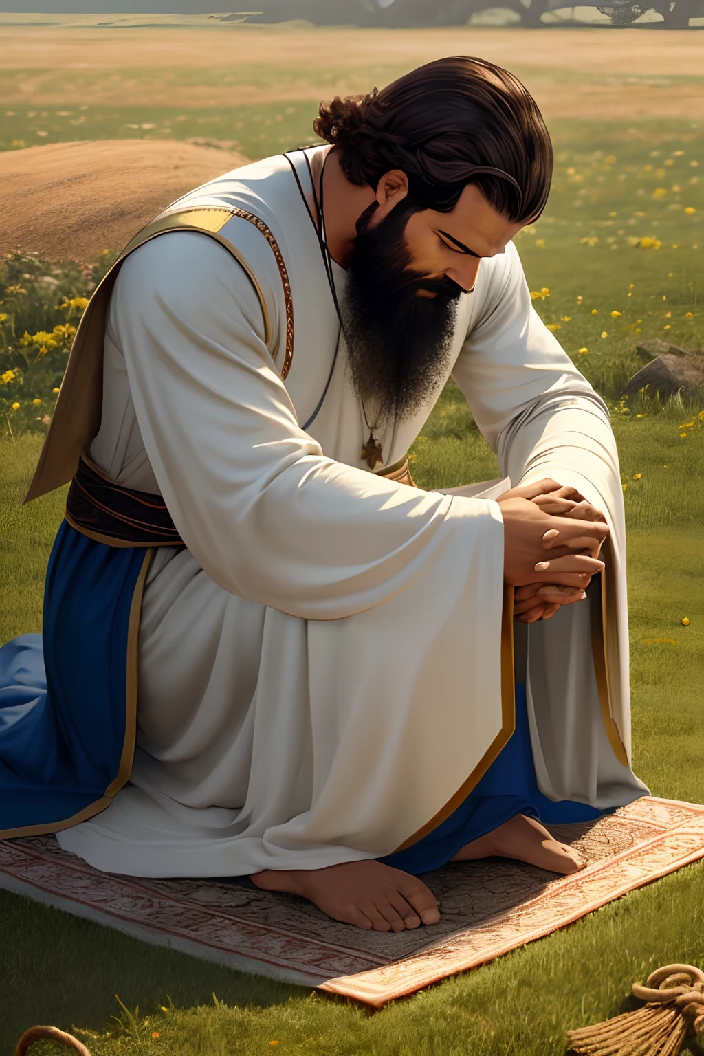 imagem de um homem com cabelo e barba aparados , ruivo, sentado no campo, greg olsen, kneeling in prayer, bible illustration, I wore a tunic, holy man looking down at the ground, masculino ,forte ,serio,,cajado de lado , sua mente contemplando a eternidade, Christian art,