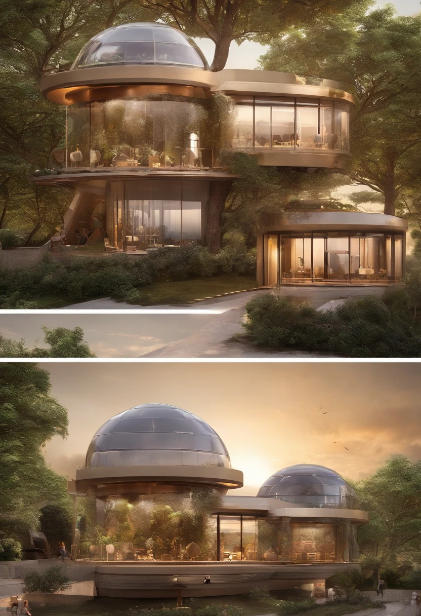 Three-story capsule-shaped coffee house，The first layer is transparent，Many grapes are grown in it，The robot picks the grapes and transports them to the second level for processing，On the ground floor is the shop，Packaged grapes for sale，Cartoon eye style，Stroke markers、Stick figure style