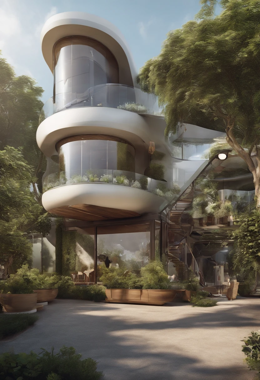 Three-story capsule-shaped coffee house,The first layer is transparent,Many grapes are grown in it,The robot picks the grapes and transports them to the second level for processing,On the ground floor is the shop,Packaged grapes for sale,Cartoon eye style,Stroke markers、Stick figure style