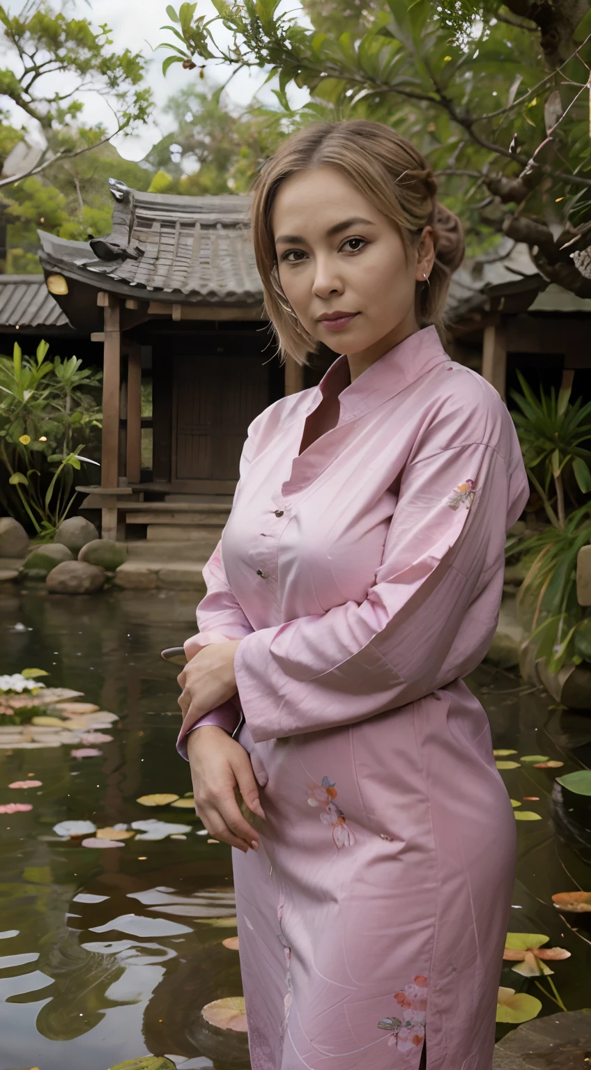 Tsunade senju, kunoichi, blonde hair, brown eyes, big boobs, busty, absurd, highres, ultra detailed, beautiful, masterpiece, best quality,Ancient temples, lush gardens, bright colors, quiet ponds, traditional architecture, cherry blossoms