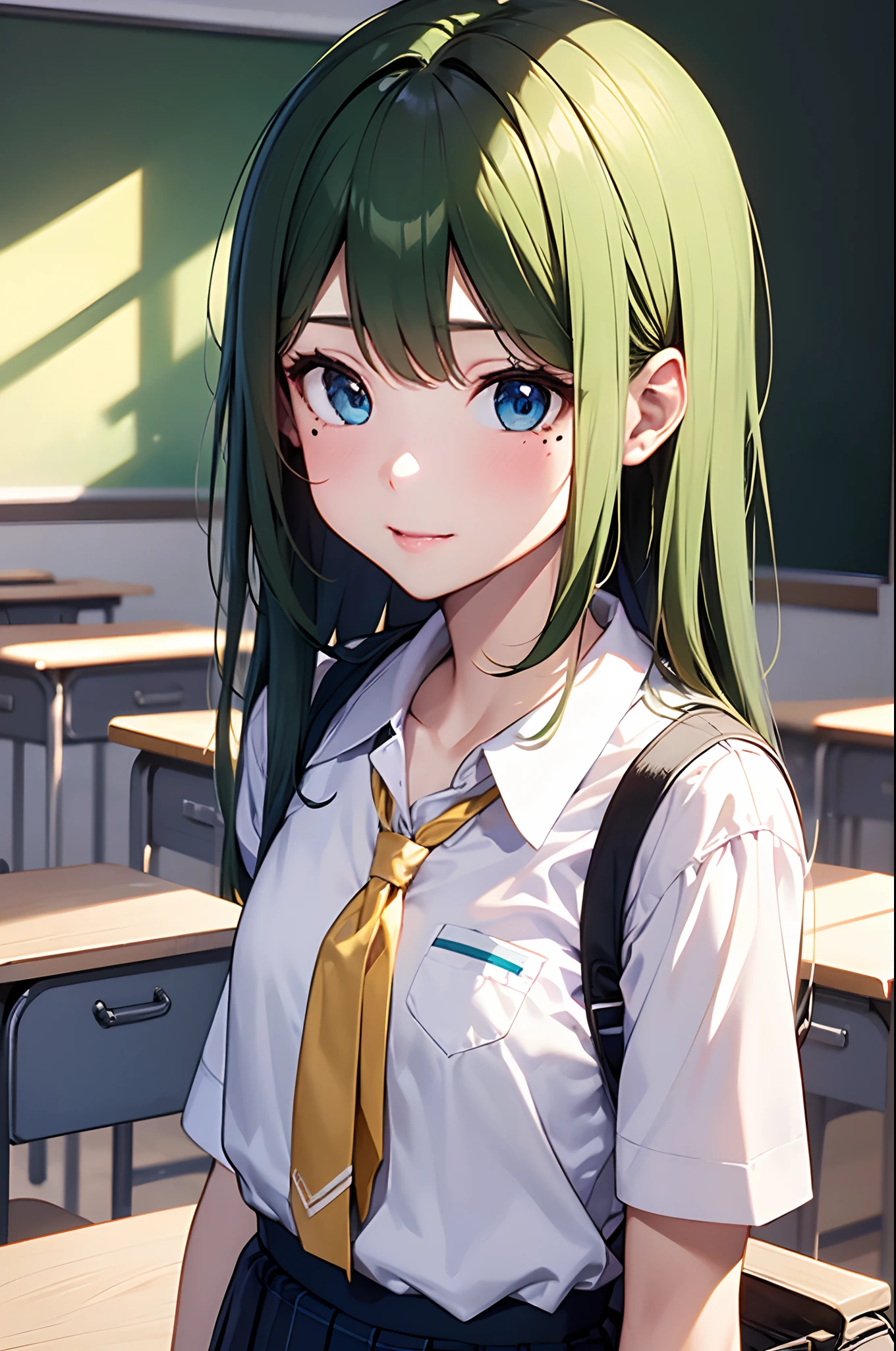 （Girl with a nasty appearance:1.3）、(Daytime:1.5)、(and chest:1.4)、Raw photography, top-quality, hight resolution, (​masterpiece), (Photorealsitic:1.4), (Mole under the eyes),Anime Cosplay, foco nítido, nffsw, 8K分辨率, intricate detailes, depth of fields, the Extremely Detailed CG Unity 8K Wallpapers, front lit, femele,25-years old、 Happy face,(Long bangs:1.5)、see -through、(Medium short green hair)、blue eyess,(‎Classroom:1.5)、(Student uniform:1.3)、(Lunch box on the desk)、Lunch time、shining background