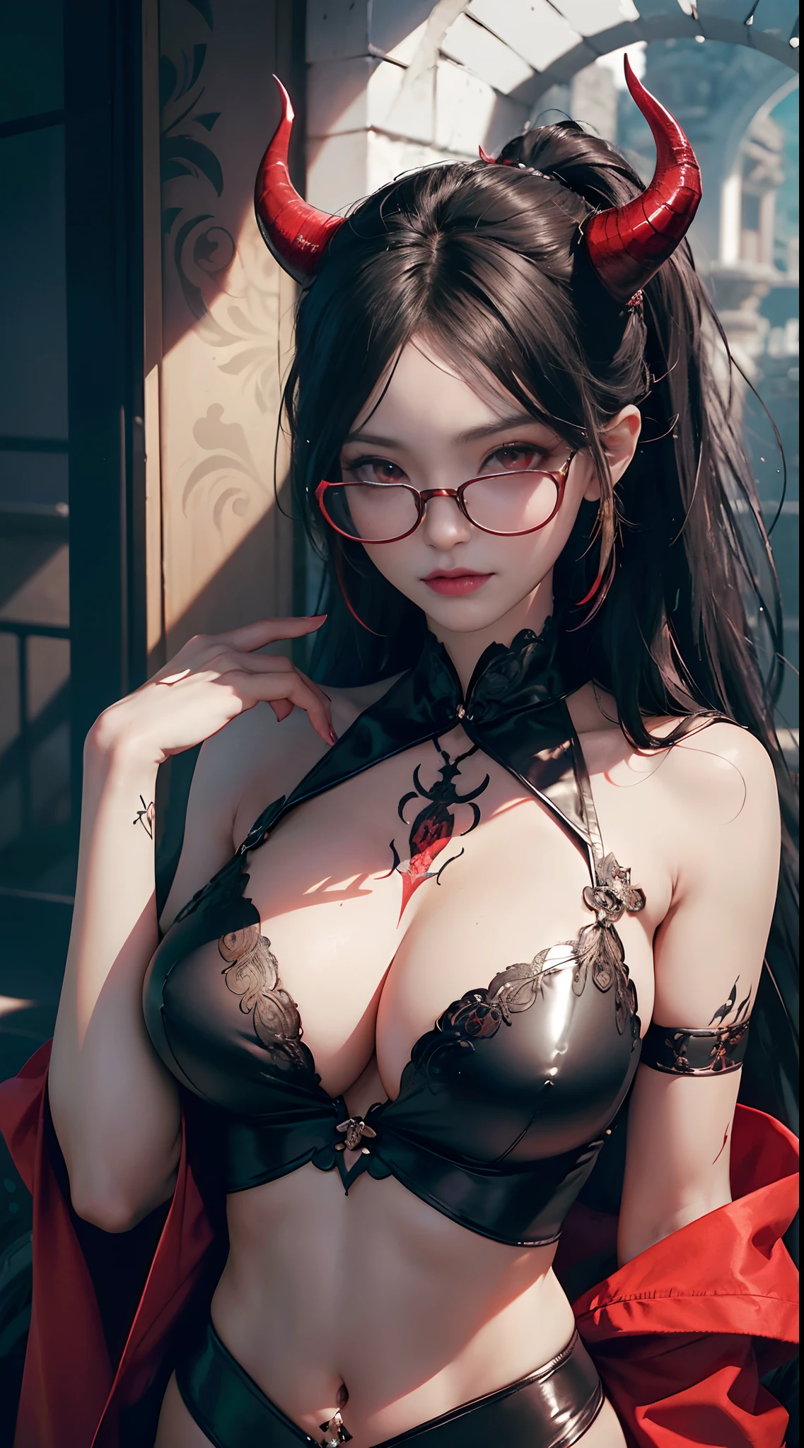 Fine、(The best illustrations)、8k UHD resolution、intricate-detail、top-quality、realisitic、ultra-detailliert、The best lighting、Best Shadows、Soft lighting、Ulutra HD、1 beautiful devil woman from hell, surreal female portraits by David Hockney and Alphonse Mucha, Portrait of a seductive woman by Ordinary and Chen Shufen、Fantasy Art, Chinese Doll、Dungeon and Dragon、Devil's Palace、Devil's Torture Chamber、magia、 A Necromancer、natta、Dark style、Succubus、Devil's Daughter、Bat Wings，(((Demon Horns)))、((((black-rimmed round glasses))))、(((Colossal tits)))、(Devil's Tail)、(red eyes glowing:1.6)、 intricate tattoos, demonic intricate tattoos, thigh tattoos, body tattoos, ​masterpiece、beautiful countenance、a baby face、Muscular seductive body、The enchanting body of the devil、Seductive Black Magic Costume、A shiny red snake is wrapped around her hand、Tindall Effect、photos realistic、(High Detail Skins:1.2)、 (Intricate details, makeup, pureerosface_v1:0.5), (Detailed beautiful delicate face, Detailed beautiful delicate eyes, A perfectly proportioned face, High detailed skin, Detailed skin, best ratio four finger and one thumb, arms below breasts, Tattoo with a red glow under the stomach、Awesome awesome, wide hips, smooth midriff, skiny and thin, __Fashion__, __hair__:1.25)、Digital SLR、hightquality、a picture、hight resolution、 absurderes、Ponytail distortion、女の子1人、Red sparkling gemstone necklace、jewely、Beautiful expression、Body Up、Large breasts emphasis、Toned waist、Wide buttocks、Devil's Tail、intricate tattoos, demonic intricate tattoos, thigh tattoos, body tattoos, effect、Photorealsitic、(High Detail Skins:1.2)、In the Dark, lowkey, cowboy lens, (Black Phoenix Dress: 1.0), Seductive Black Magic Costume、Long hair, Black hair, Bust, Devil's Palace, devil crown, red eyes make up very sharp and detailed, The most beautiful face, Super tight breasts, Breast augmentation surgery, The breasts are very big and round and round, Black magic costume、Super realistic , Charming smile,a baby face、 The eyes are very well made