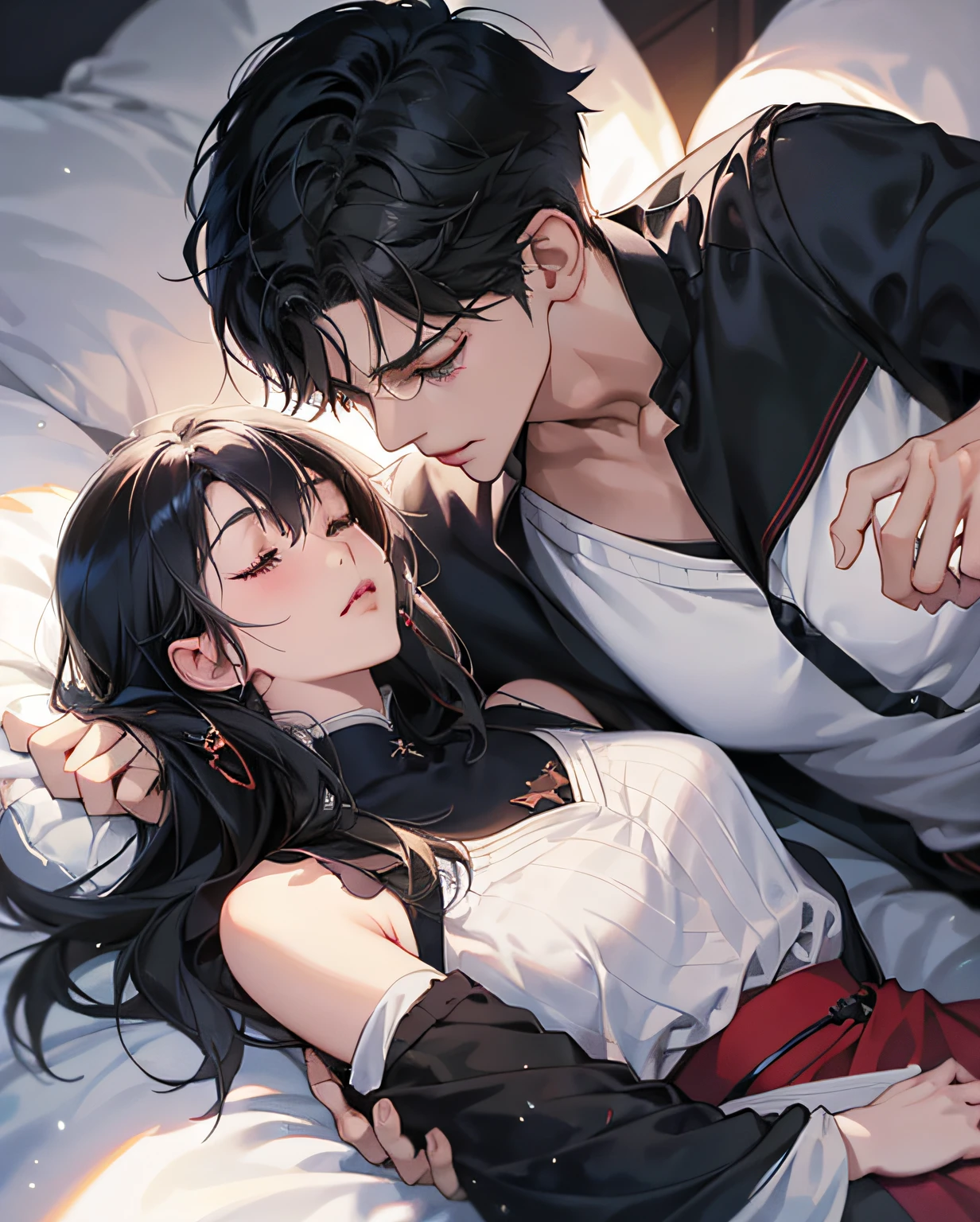 Anime couple lying in bed，With his eyes closed，Put your arms around each other, Boy with blonde hair，Girl with black hair Guwiz style artwork, Guviz, by Yang J, in the art style of bowater, High-quality fanart, sakimichan and frank franzzeta, Smooth anime CG art, Makoto Shinkai and Artgerm, Guweiz in Pixiv ArtStation