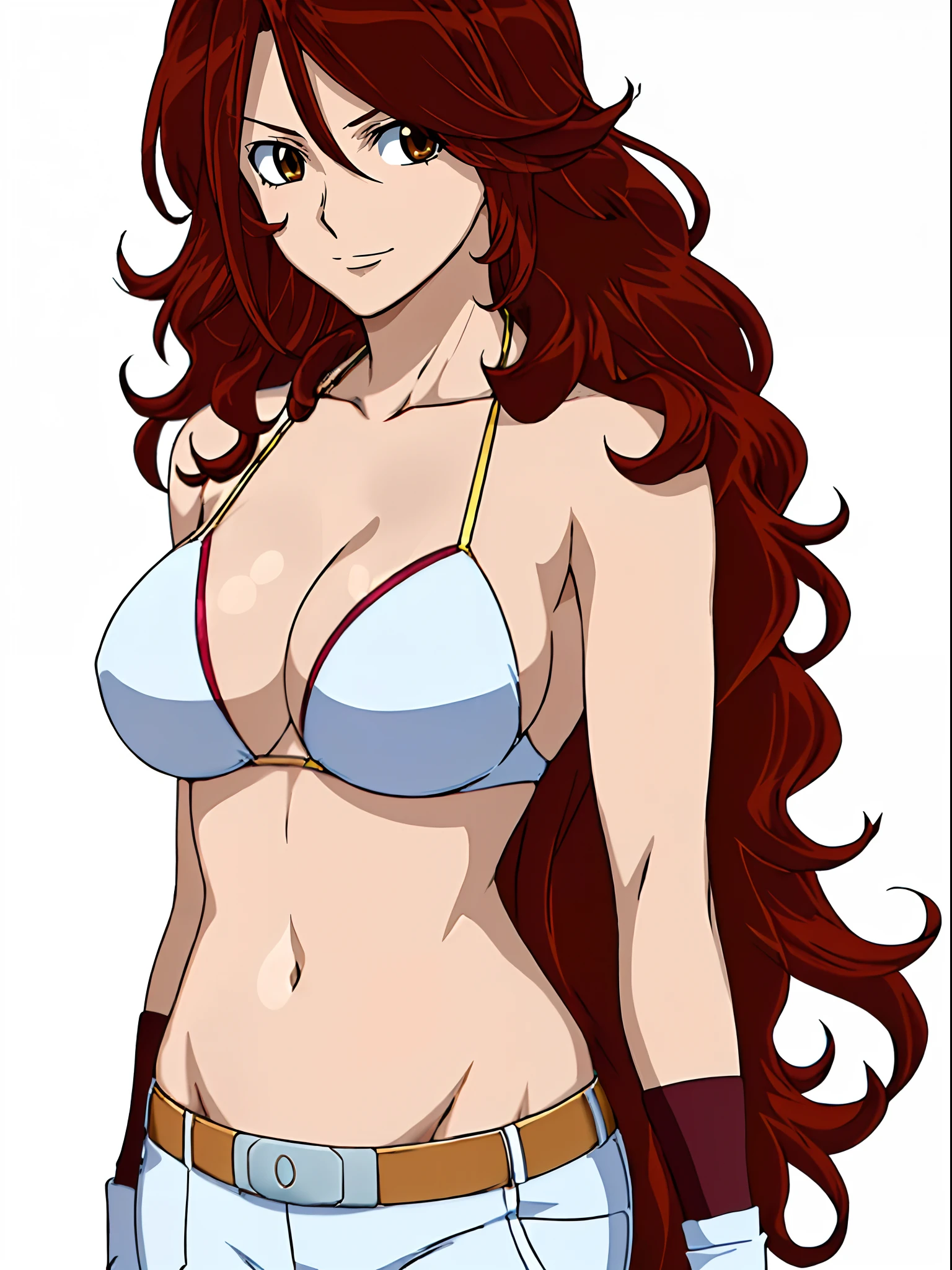 Best Quality, hires, curvy midsection, solo, strong woman, female wrestler, smile, happy), (detailed titration screen, upper body only, anime style: 1.8, anime drawing, ultra detailed face, ultra detailed body, 4k, Sumergai Lee Noriega, (standing), best quality, anime style, hires, highest definition, digital blending, bold drawing lines, ((wwe diva), (((White Background))), ( pro female wrestler, long attractive belly, slim body, (strong arm muscles), broad shoulders , off-shoulders, closed fists, (very curvy: 2.8)), ((elegant red bikini , shorts, white gloves, arm band, arm band, (champion belt))), (pale skin, big breasts, closed mouth), (big eyes, brown eyes, shiny eyes), (), (reddish hair, loose hair, curly hair, wavy hair, long hair, missy hair), 27 years old