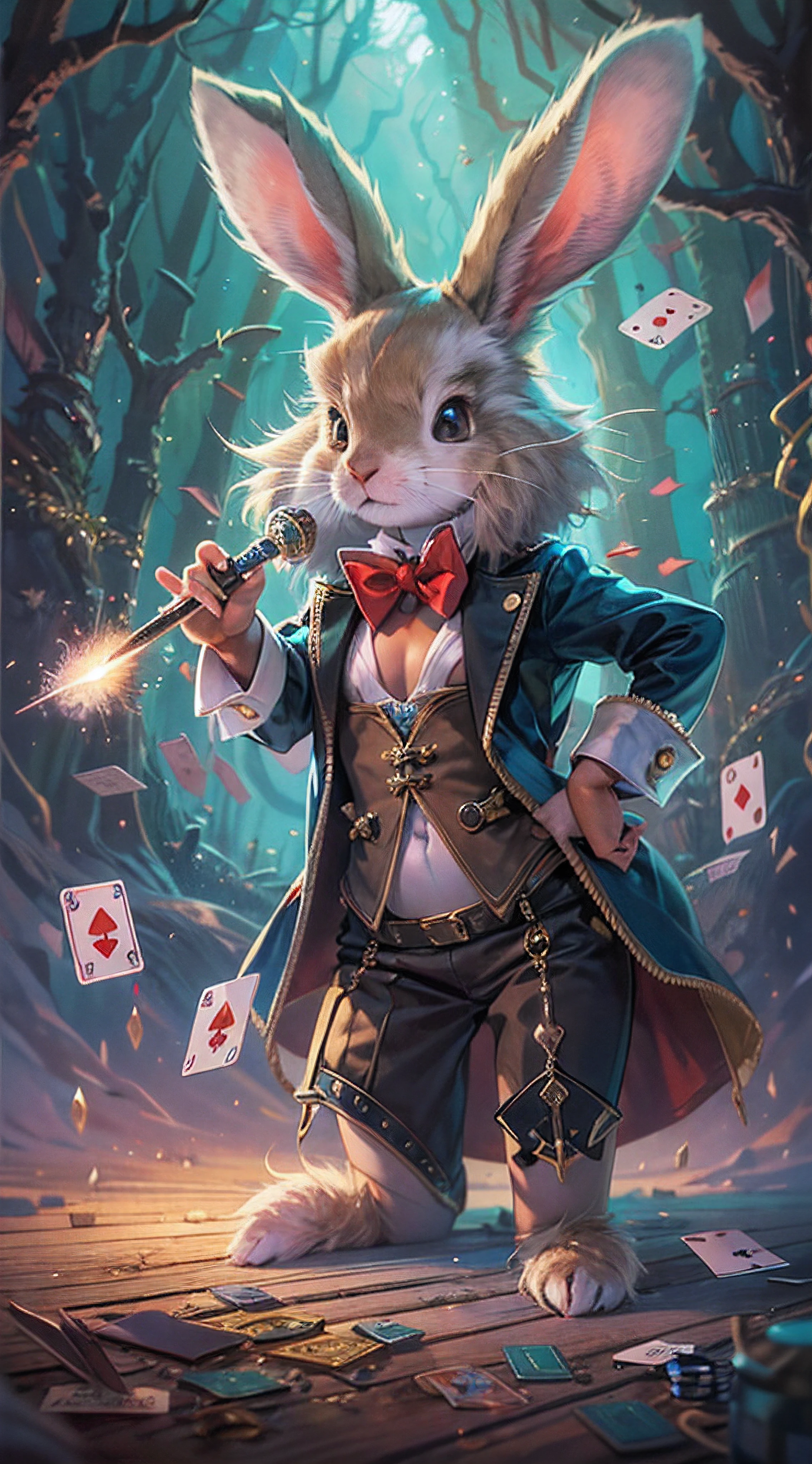 "a bunny magician, illustration, magic wand, top hat, playing cards, mysterious smile, enchanted forest, colorful sparks, soft lighting, magic show, vibrant colors, detailed fur texture, bunny ears, rabbit hole, sparkling effects"