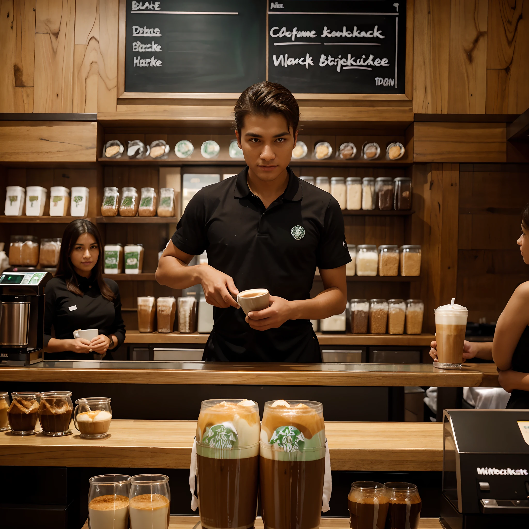 A stratbucks waiter working in a Starbucks shop ,making coffee at a coffee counter , wearing black dress code of Starbucks waiters ,symmetrical face , follow human anatomy, background shop full with people buying coffee and drinking coffee, microdetail, hd ,Nikon latest hight resolution camera,high resolution