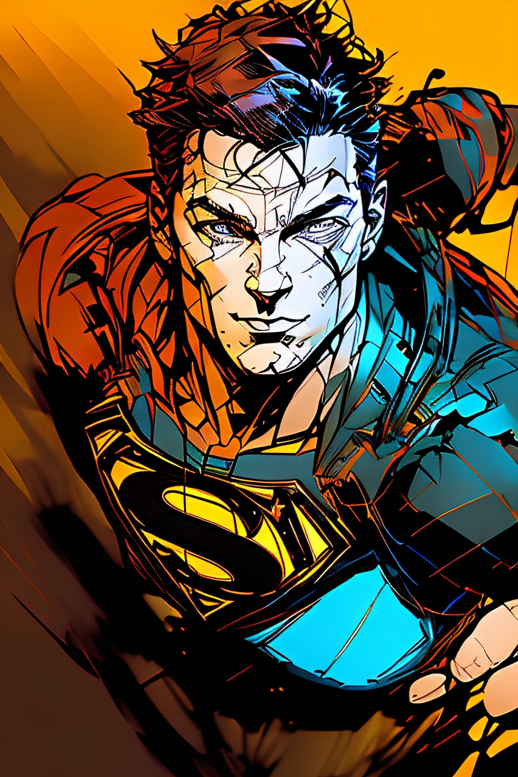 nvinkpunk, (((Superman))), masterpiece, best quality, ((detailed face)), short messy hair, tanned, bright eyes, ((award winning)), (High Detail), Sharp, 8k, trending on artstation, intricate