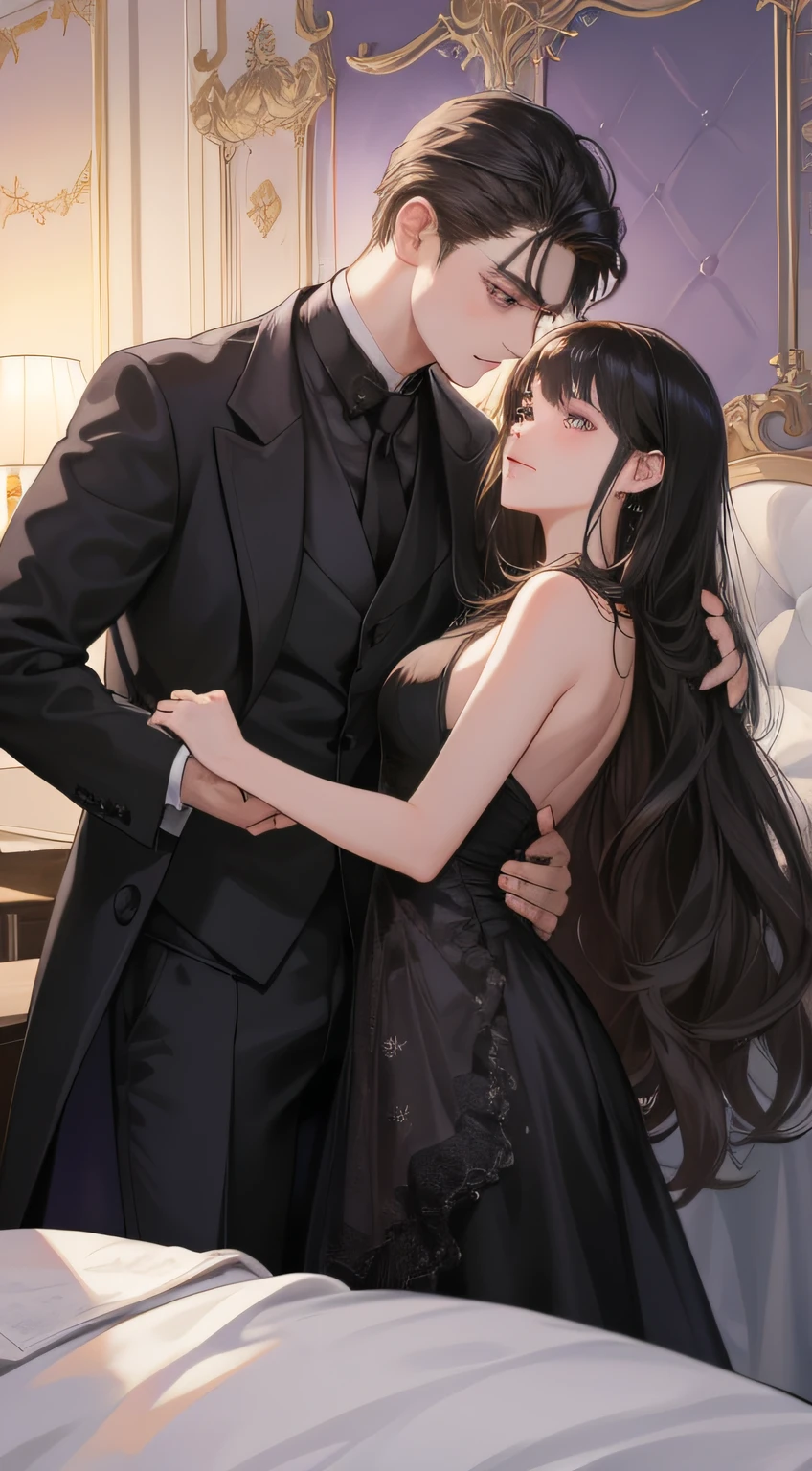 couple, 1 Girl 1 Boy, different hair color, Long black hair and purple eyes, Short blonde hair and green eyes, Romance, Illuminated suites, black color dress, Europeans, Luxury room background, Handsome face, Romantic, Have sex。Extreme detail, Digital art, 8K, Ultra HD,