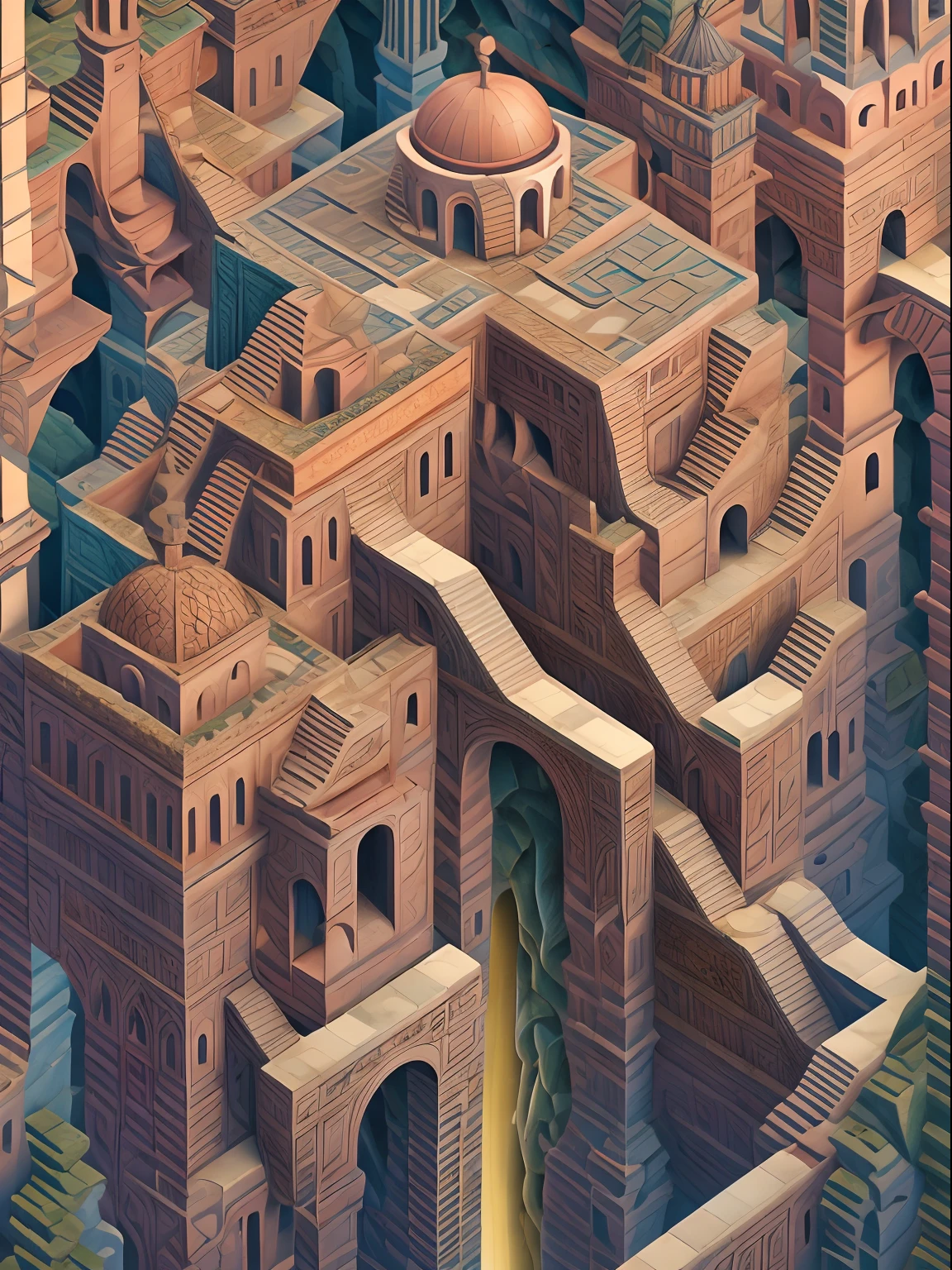 (author：Phil Noto, by Pixar, author：Corey Loftis, author：Ed Mayer, author：Drew Struzan, author：Alberto Morroco), tmasterpiece，monument valley，geomerty，Paradox geometry,tile,Brown tiles,Building,Dome,Onion dome,Brown onion dome,water,stairways,Buttress,arch bridges,Light brown background,Door, Brown walls,Scary green forest background， extremely detaile，Clear focus, (hdr), (8K), (gigapixel), ((Masterpiece))