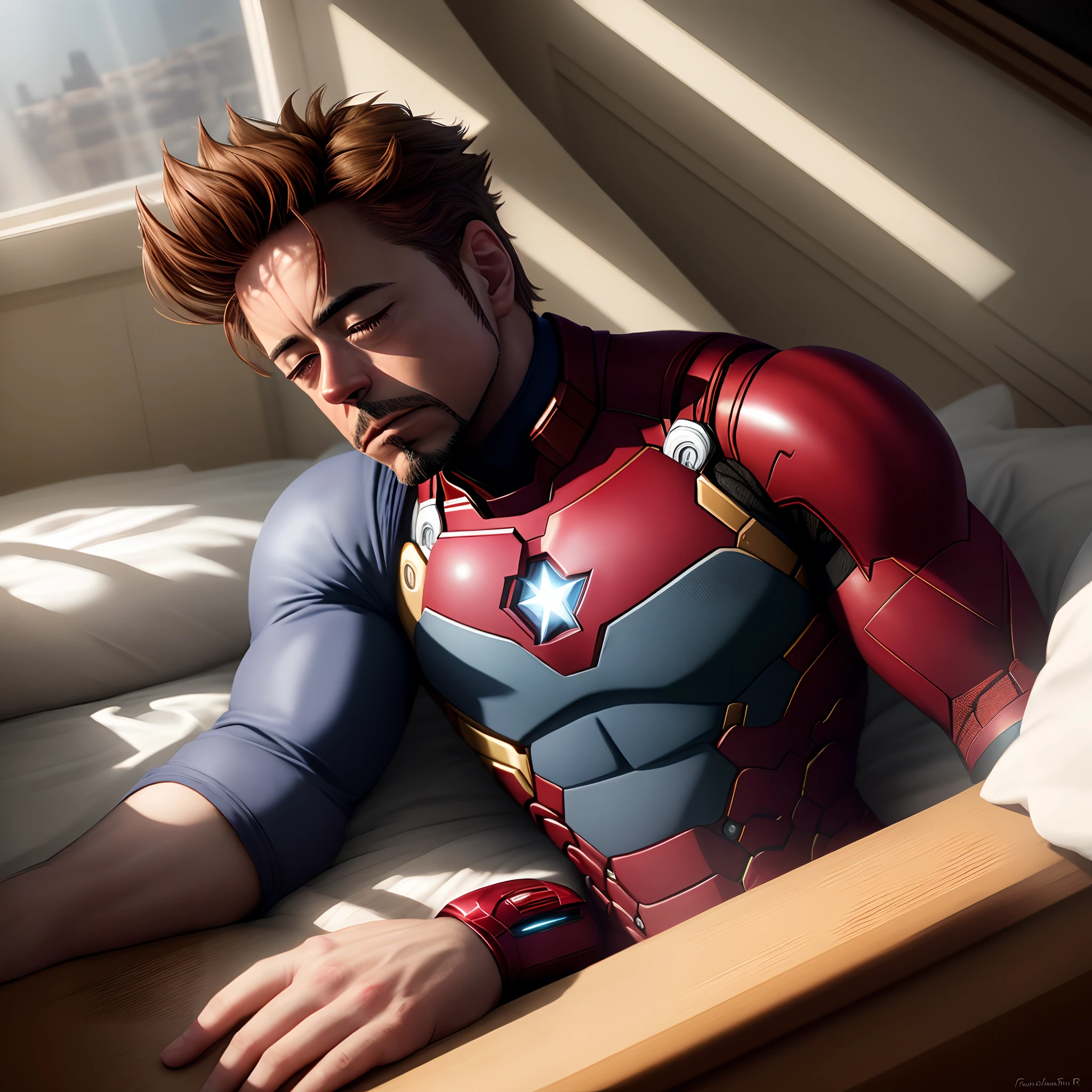 Tony Stark, rdj, laying in bed asleep, sunlight pouring through the window